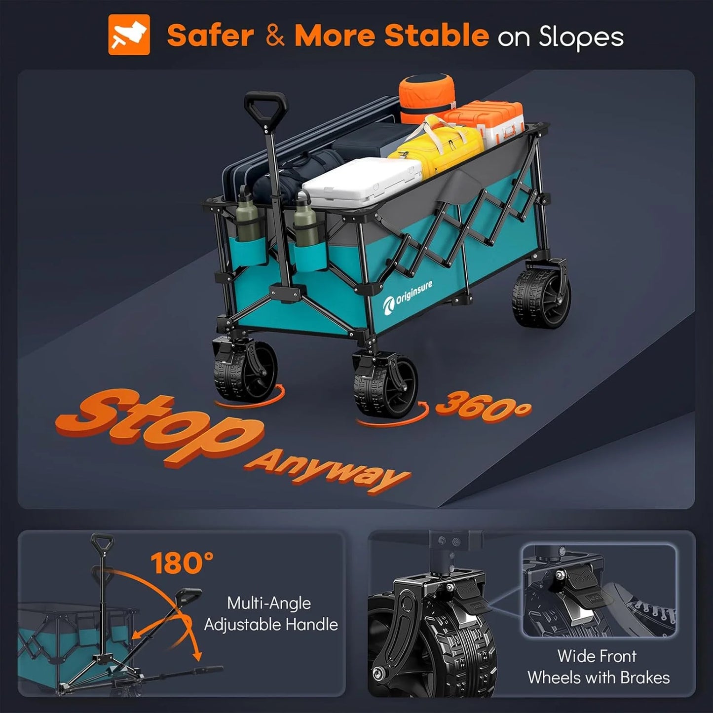 38" long foldable four-wheel stroller, foldable, 460 lb capacity, 220 liter heavy-duty folding beach stroller with large all-terrain tires