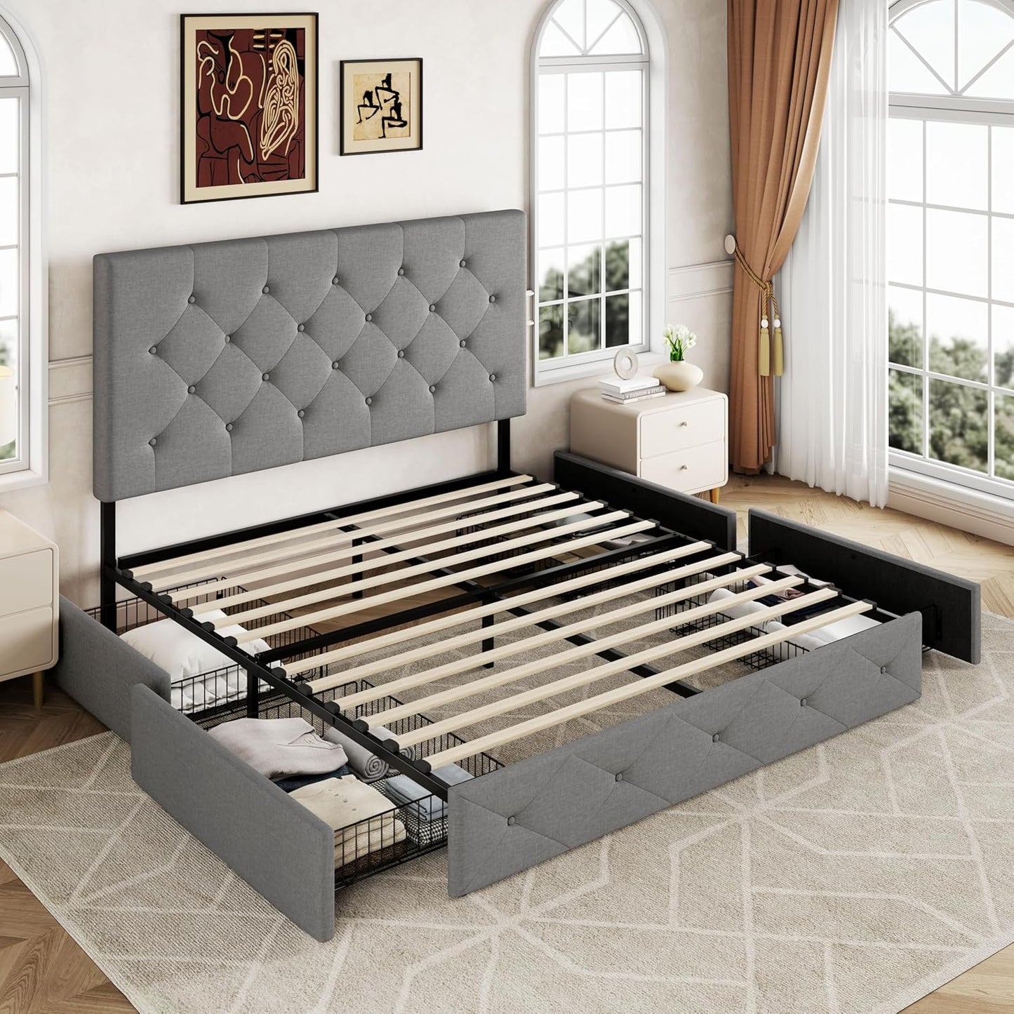 Allewie Upholstered Queen Size Platform Bed Frame with 4 Storage Drawers and Headboard, Square Stitched Button Tufted, Mattress Foundation with Wooden Slats Support, No Box Spring Needed
