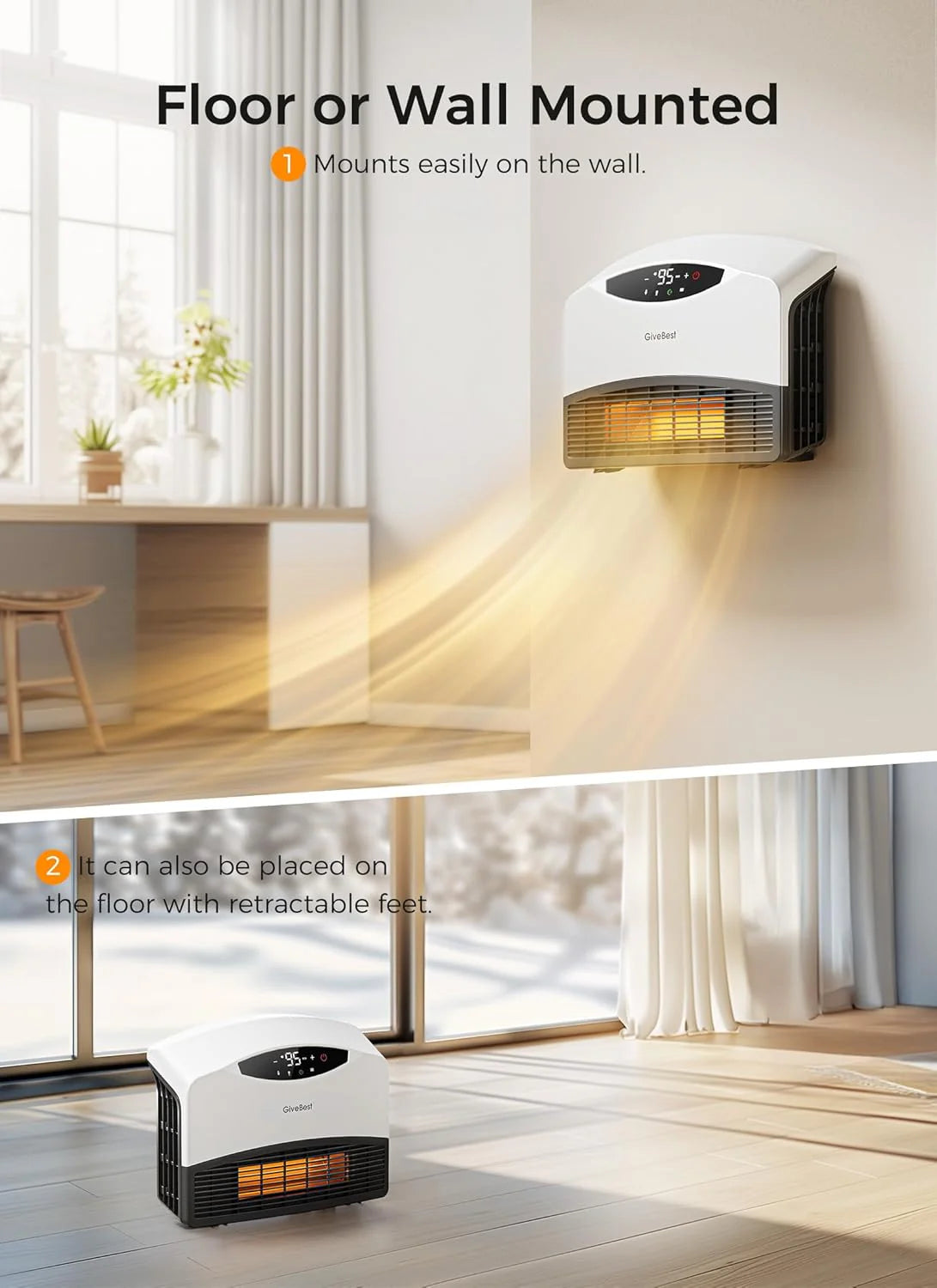 Wall mounted electric heater with WiFi and remote control, floor standing heater 1500W fast coverage for large rooms