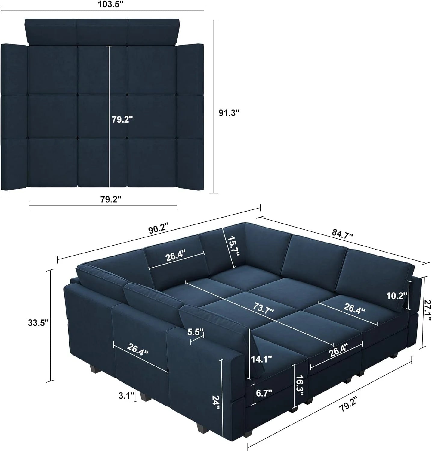 Belffin Modular Sectional Sofa with Ottomans Velvet Reversible Sleeper Chaise Bed Storage Seat Black