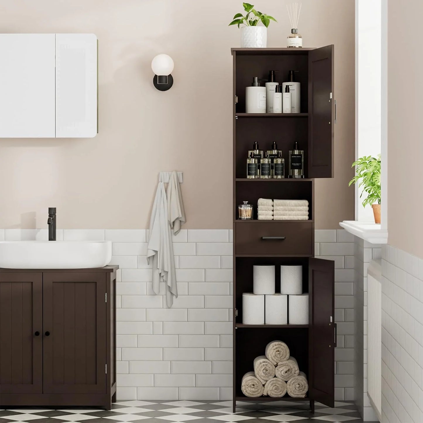 Homhedy 67" H Tall Bathroom Storage Cabinet with 2 Barn Doors and 1 Drawer, Narrow Storage Unit, Adjustable Shelves, Floor Cabinet for Bathroom, Living Room, Entryway, Kitchen, White, (15.7" W)