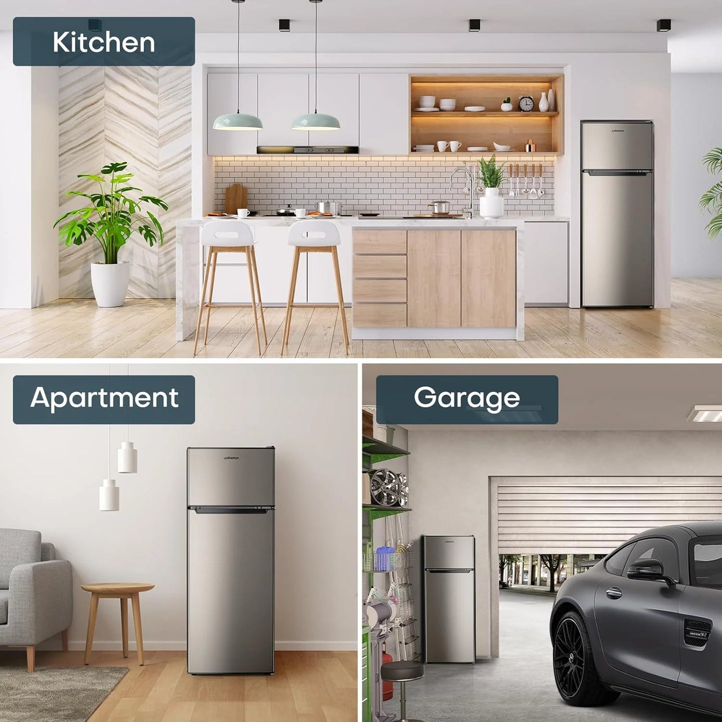 Upstreman 7.7 Cu.Ft. Refrigerator with Freezer, Double Door, Adjustable Thermostat, Large Capacity, Reversible Door Swing, Refrigerator for Apartment, Office, Dorm, Stainless (BD75)