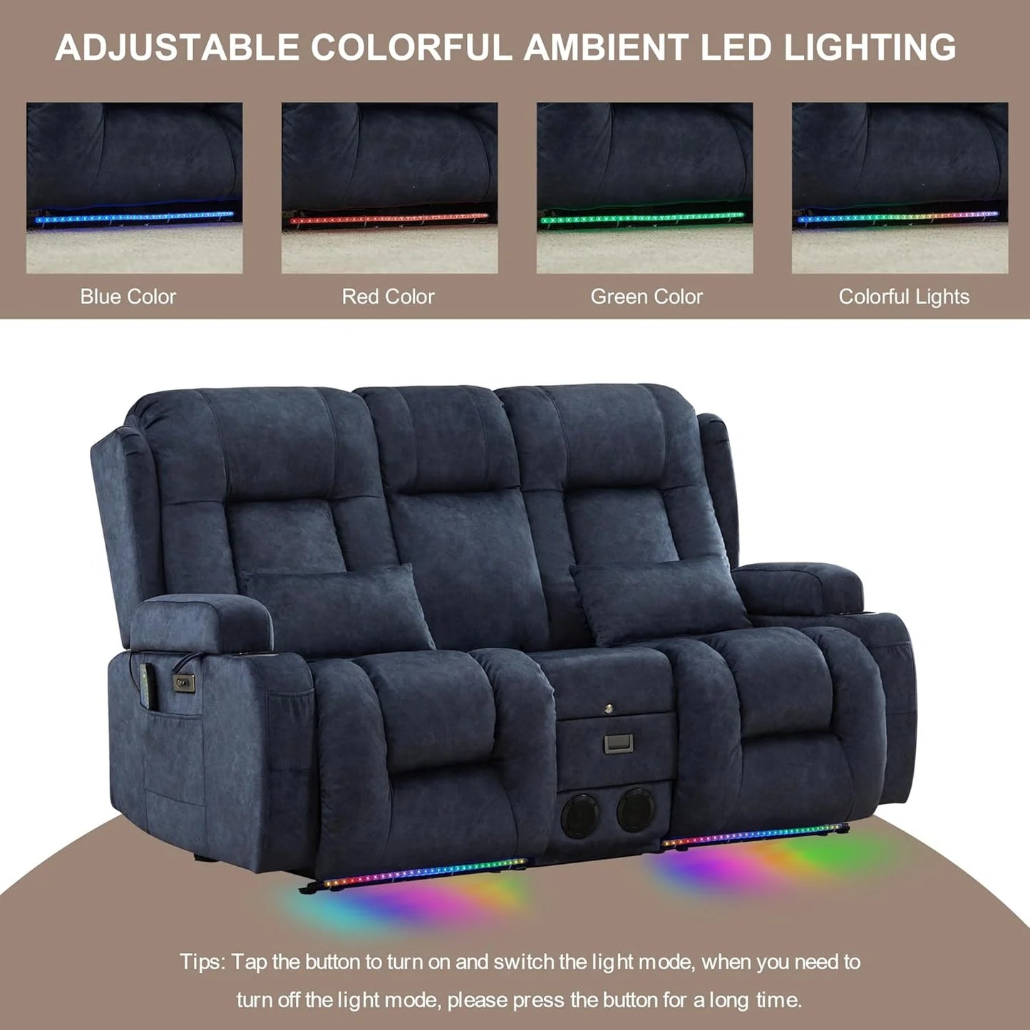 TUNYI Power Loveseat Recliner Sofa with Massage & Heat Home Theater Seating with Console Electric Recliner RV Sofa with USB/Outlet/Storage/Side Pocket/LED Light/Speaker (Brown, Loveseat)