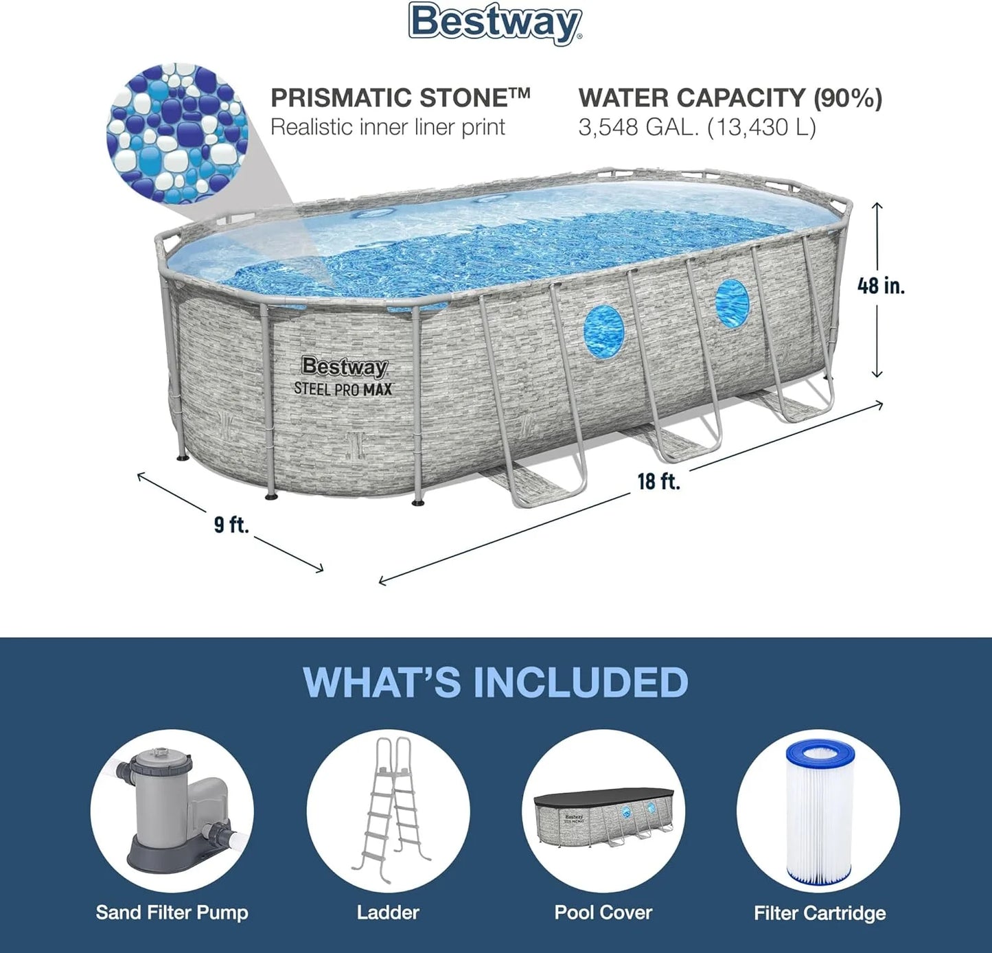 Power Steel Swim Vista Series II 14' x 8' 2" x 39.5" Above Ground Outdoor Swimming Pool Set with 530 GPH Filter Pump, Ladder, and Pool Cover