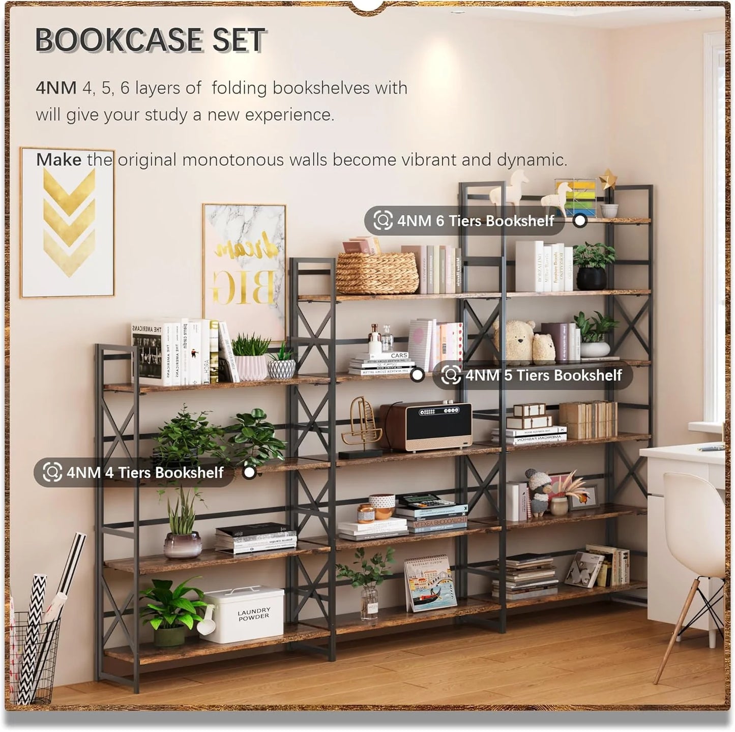 5 Tiers No Assembly Book Shelves 51.2" H Folding Bookshelf Bookcase