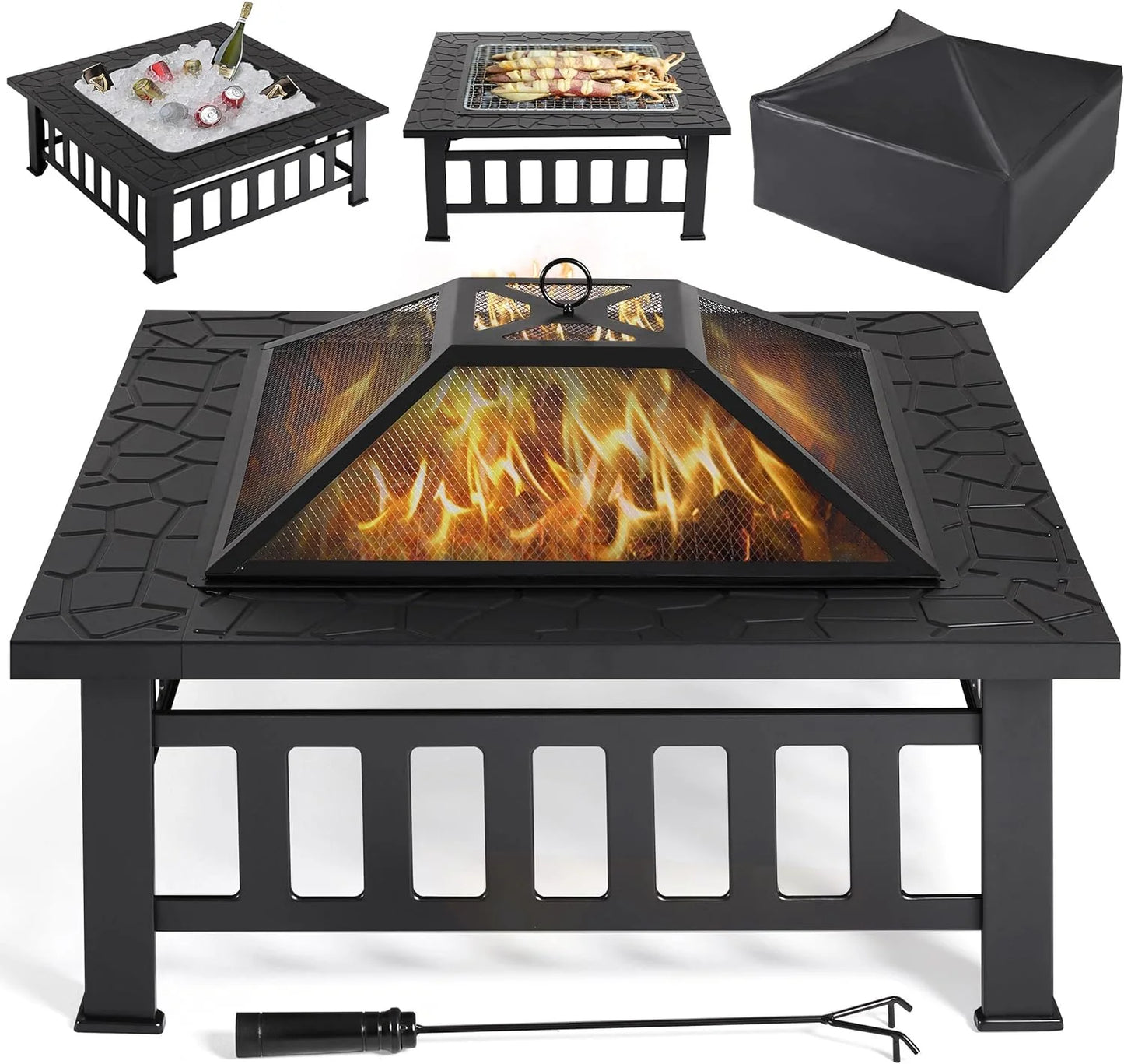 Yaheetech Multifunctional Fire Pit Table 32in Square Metal Firepit Stove Backyard Patio Garden Fireplace for Camping, Outdoor Heating, Bonfire and Picnic