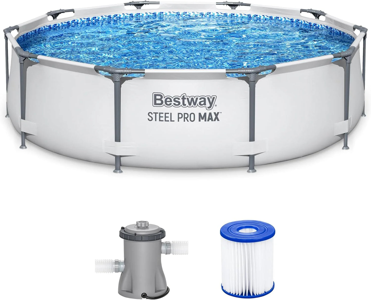 Steel Pro MAX 10 Foot x 30 Inch Round Metal Frame Above Ground Outdoor Backyard Swimming Pool Set with 330 GPH Filter Pump