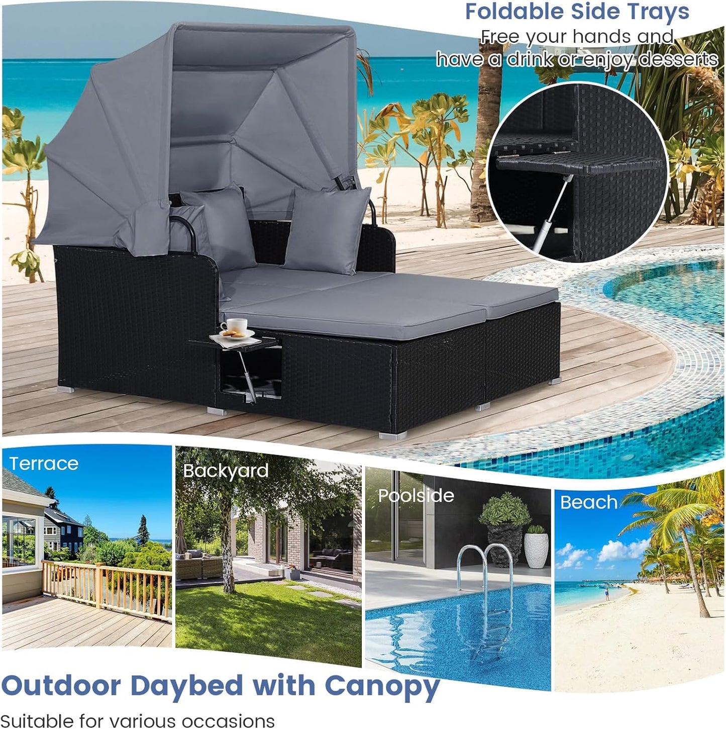 RELAX4LIFE Patio Outdoor Daybed with Canopy, Wicker Sunbed w/Cushions, 4 Pillows & 2 Retractable Side Trays, 2-Person Lounge Bed Conversation for Poolside Porch Garden, Rattan Outdoor Bed (Turquoise)