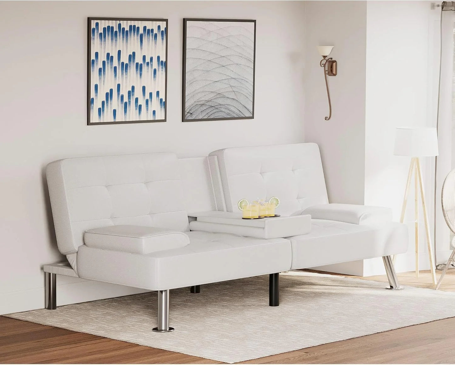 Flamaker Futon Sofa Bed Modern Folding Futon Set Convertible Recliner Lounge for Living Room with 2 Cup Holders, Removable Armrests (PU Leather, Black)