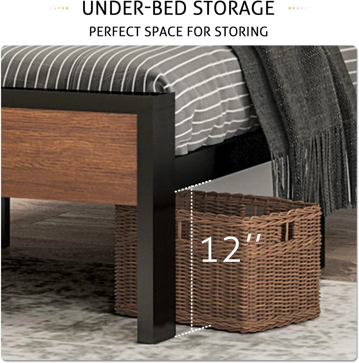 SHA CERLIN 14 Inch Queen Size Metal Platform Bed Frame with Wooden Headboard and Footboard, Mattress Foundation, No Box Spring Needed, Large Under Bed Storage, Non-Slip Without Noise, Black Oak