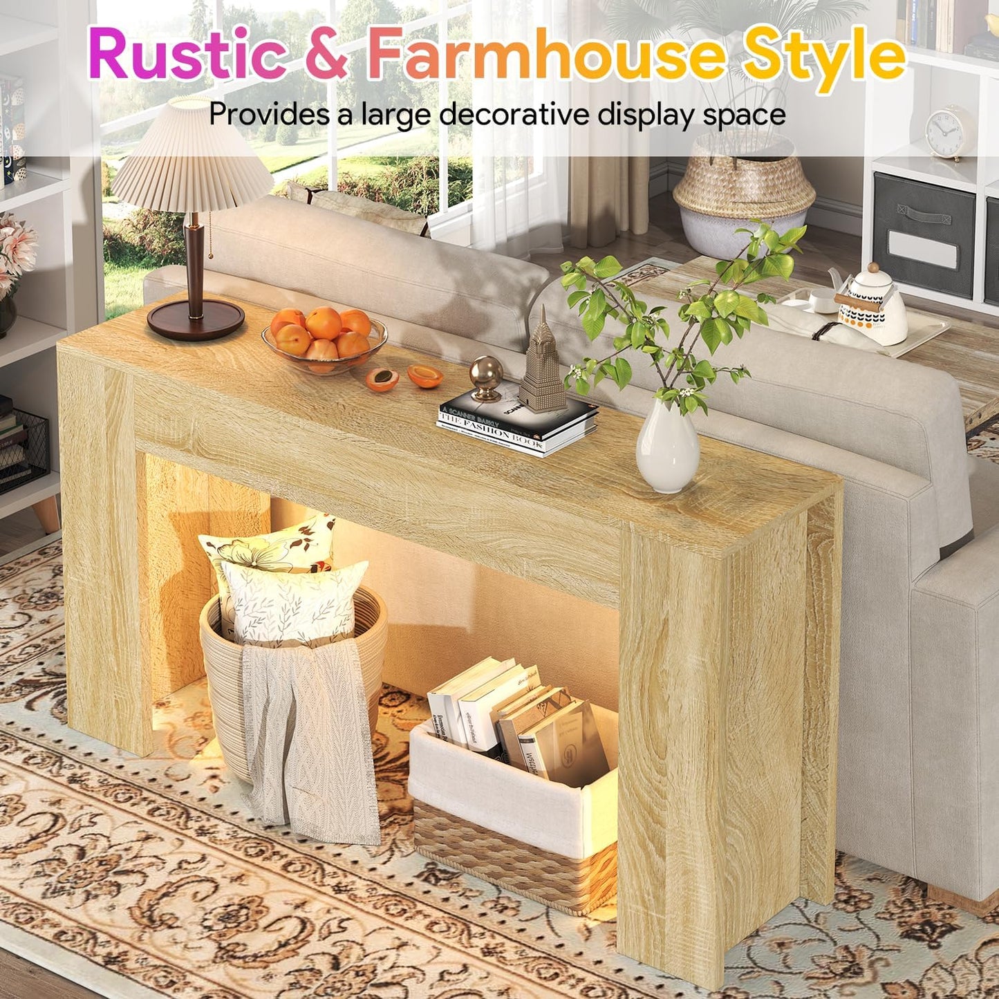 63-Inch Long Console Table with LED Light Farmhouse Sofa Table Behind Couch