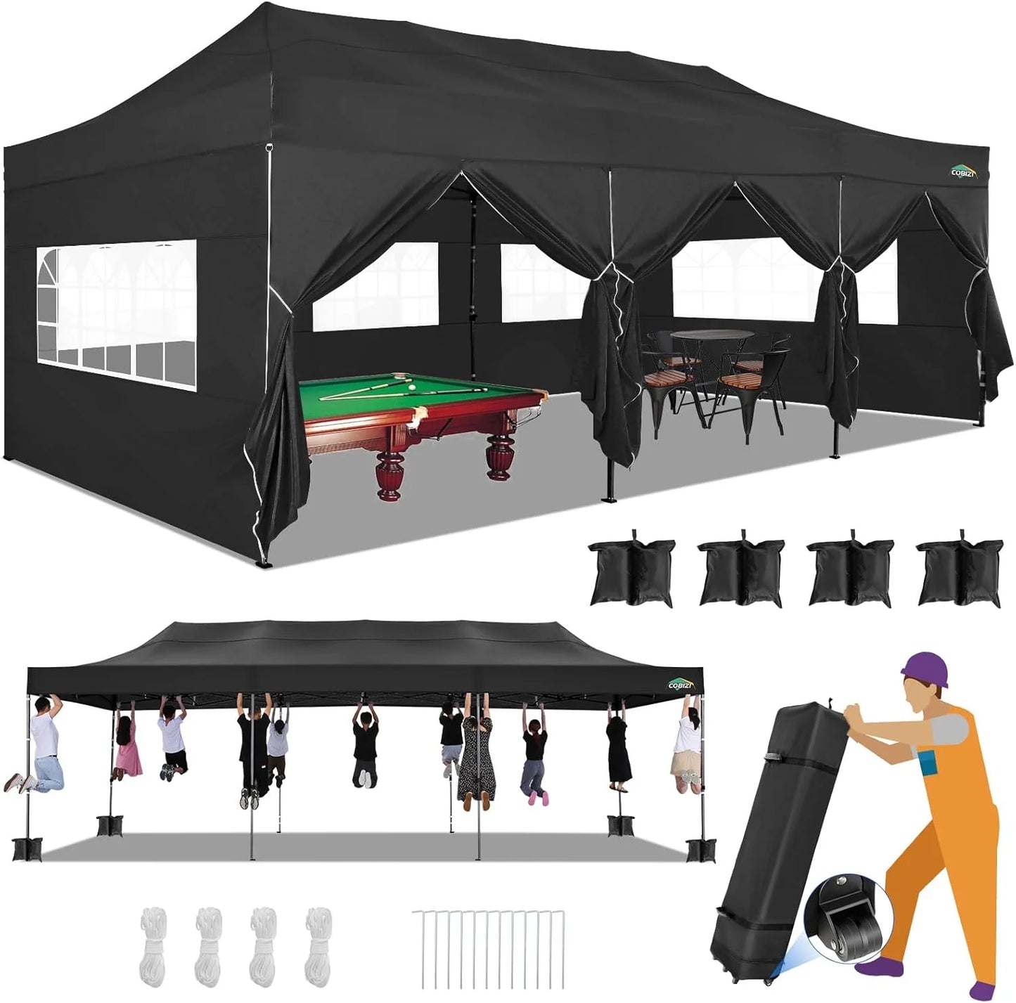 COBIZI 10x20 Heavy Duty Pop up Canopy Tent with 6 sidewalls Easy Up Commercial Outdoor Canopy Wedding Party Tents for Parties All Season Wind & Waterproof Gazebo with Roller Bag,Black(Frame Thickened)