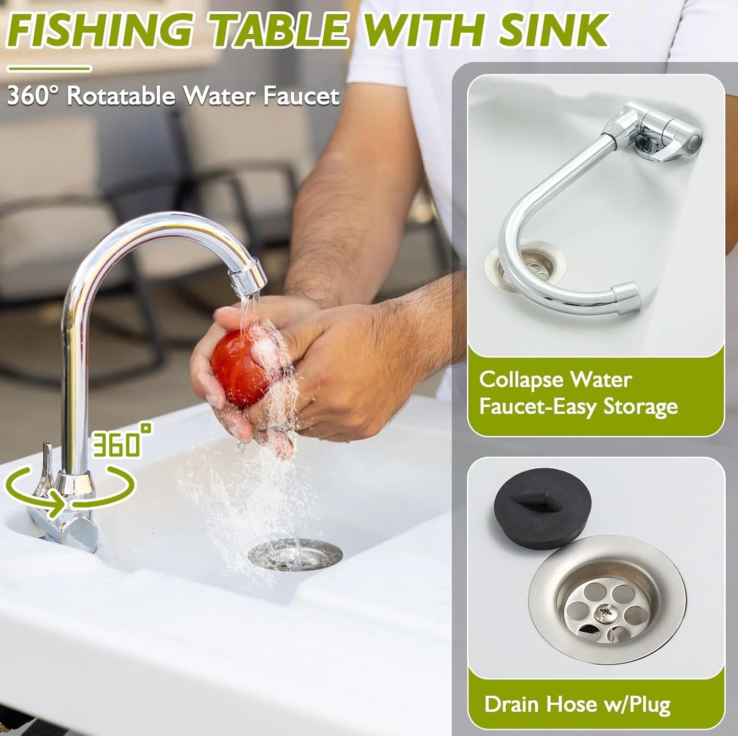 Folding Fish Cleaning Table Portable Camping Sink Table with Faucet Drain Hose and Sprayer Outdoor Fish Fillet Cleaning Station