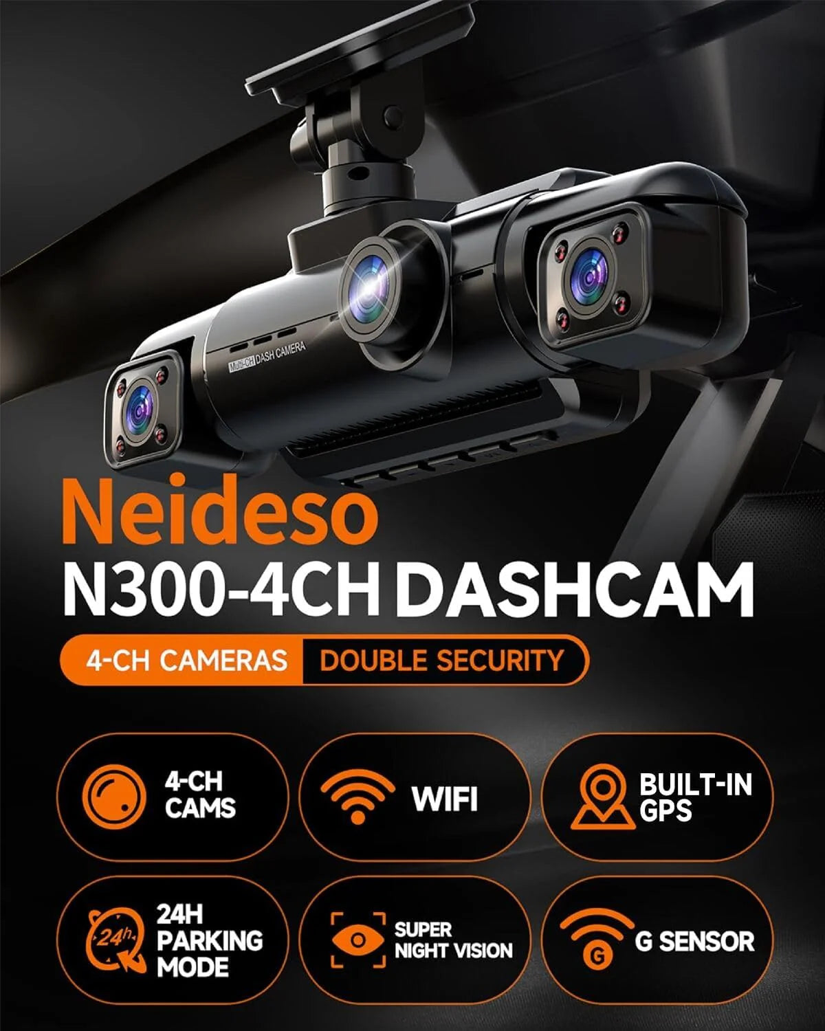 360° Dash Cam 4-Channel FHD 4*1080P Wi-Fi GPS Voice Control Car Camera, Front 2K+1080P*2 Dash Cam, with 64GB SD Card, Night Vision, 24-Hour Parking Mode