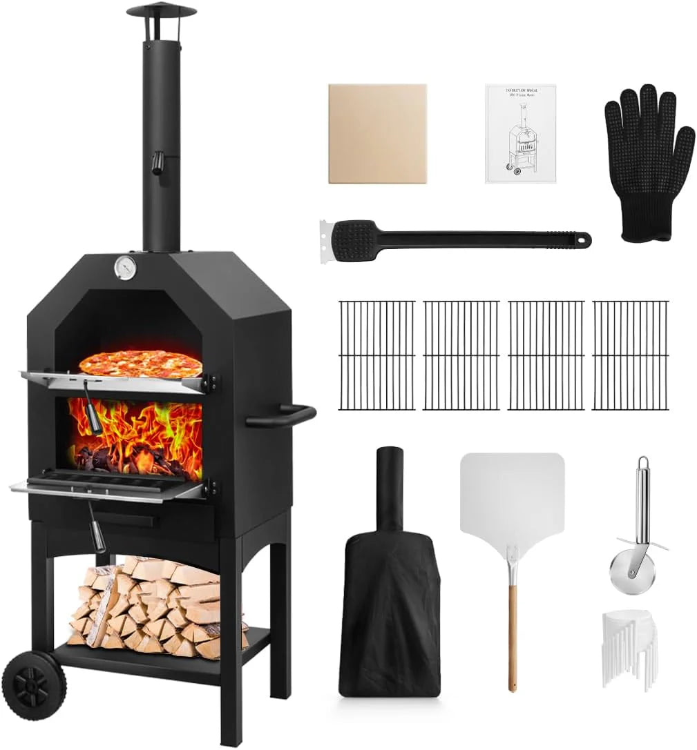 EDOSTORY Outdoor Pizza Oven, Wood Fired for Outside, Patio Maker With Stone, Peel, Grill Rack, and Waterproof Cover for Backyard Camping