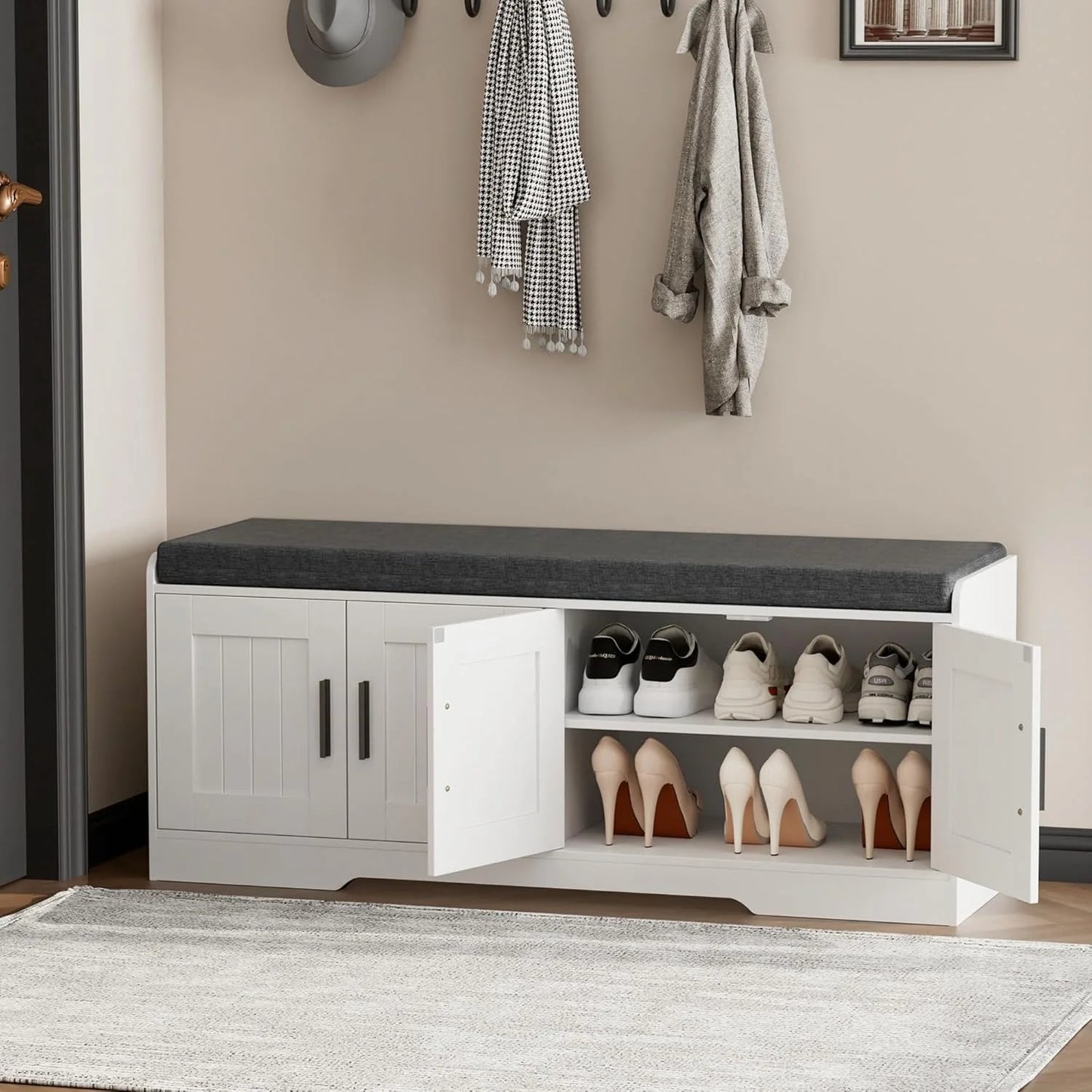 2-Tier Storage Bench, Shoe Bench with Thickened Padded Seat Cushion, Entryway Bench with 4 Doors, Adjustable Shelf