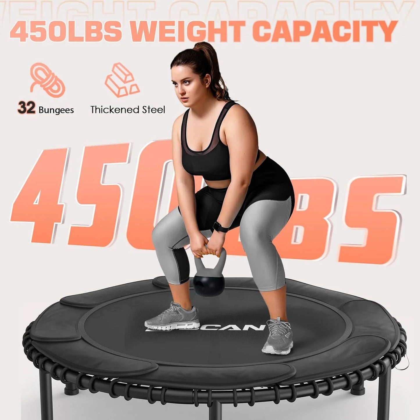 BCAN 450/550 LBS Foldable Mini Trampoline, 40"/48" Fitness Trampoline with Bungees, U Shape Adjustable Foam Handle, Stable & Quiet Exercise Rebounder for Adults Indoor/Outdoor Workout