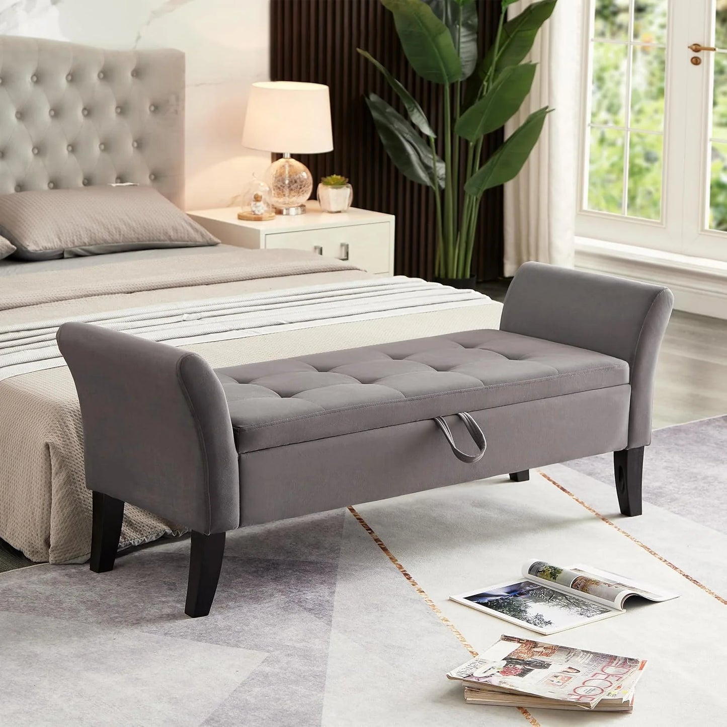 Furniliving Modern Storage Ottoman Bench, Sherpa Ottoman End of Bed Bench with Solid Wood Legs Upholstered Ottoman Benches with Storage Indoor Bench