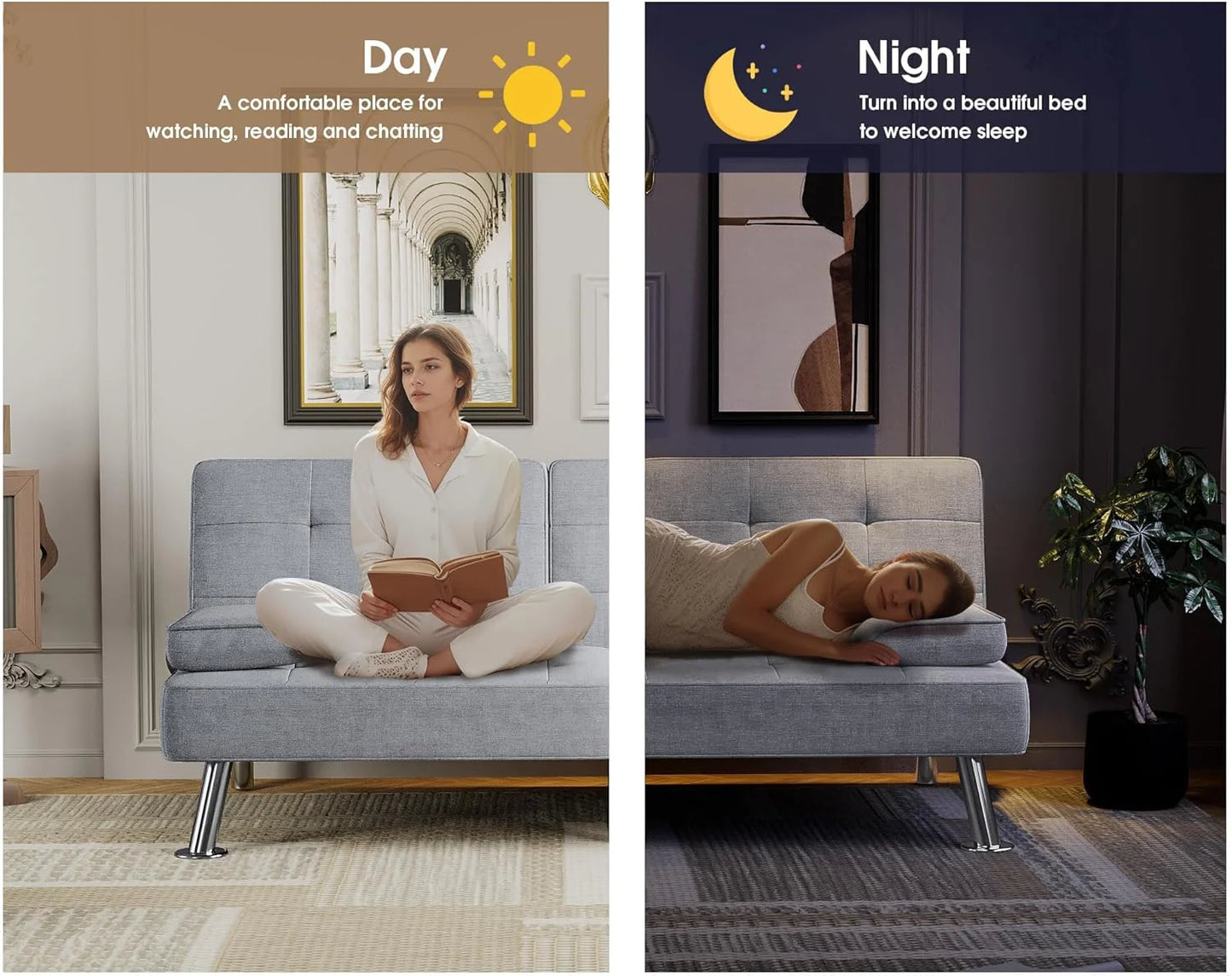 Flamaker Futon Sofa Bed Modern Folding Futon Set Convertible Recliner Lounge for Living Room with 2 Cup Holders, Removable Armrests (PU Leather, Black)