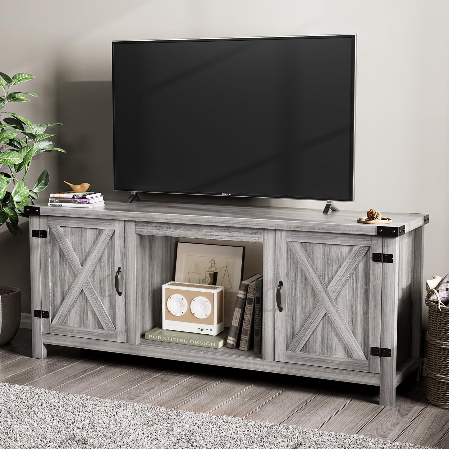 YESHOMY Fireplace TV Stand with Two Barn Doors and Storage Cabinets for Televisions up to 65+ Inch, Entertainment Center Console Table, Media Furniture for Living Room, 58 Inch
