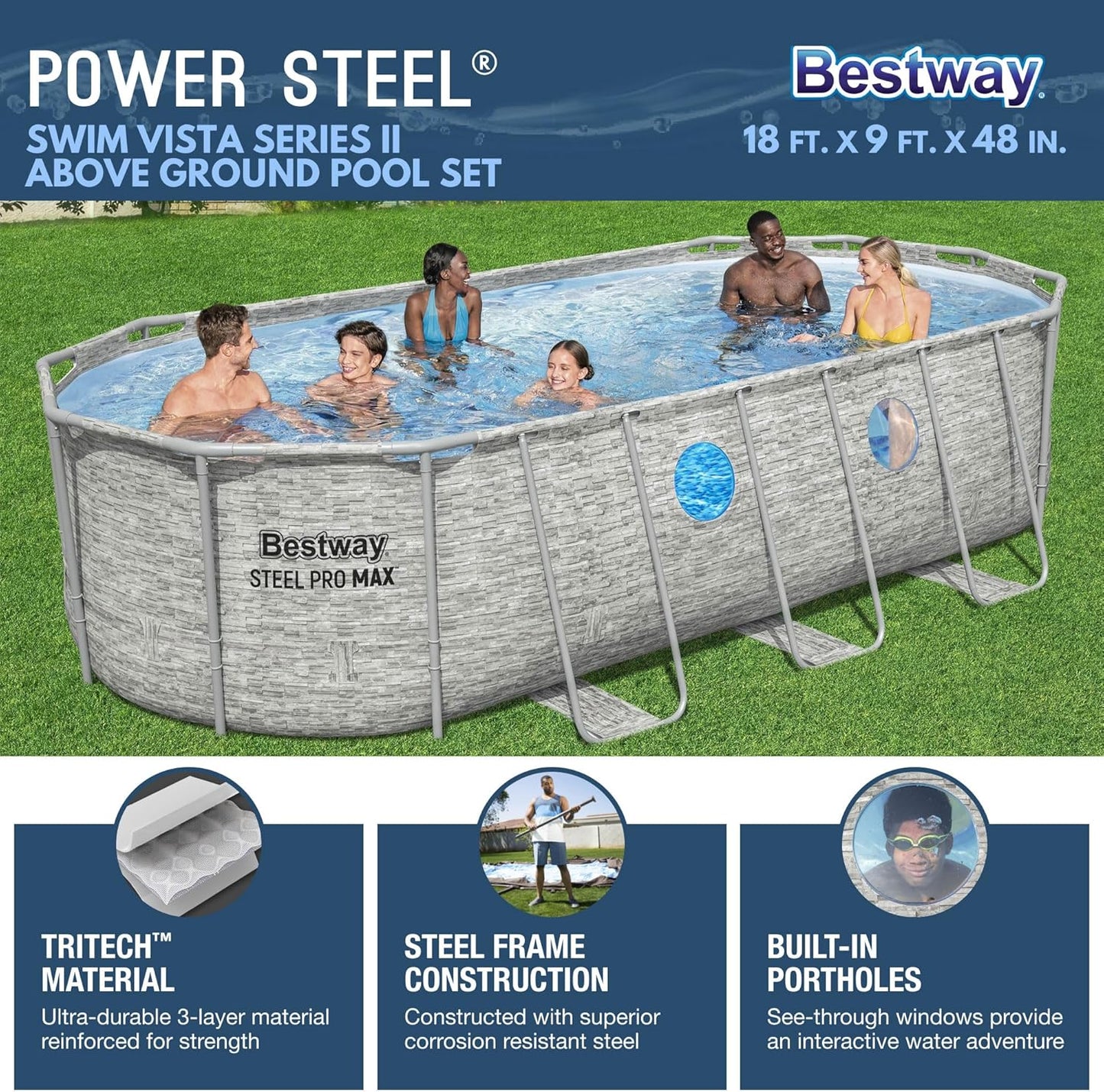 Power Steel Swim Vista Series II 14' x 8' 2" x 39.5" Above Ground Outdoor Swimming Pool Set with 530 GPH Filter Pump, Ladder, and Pool Cover