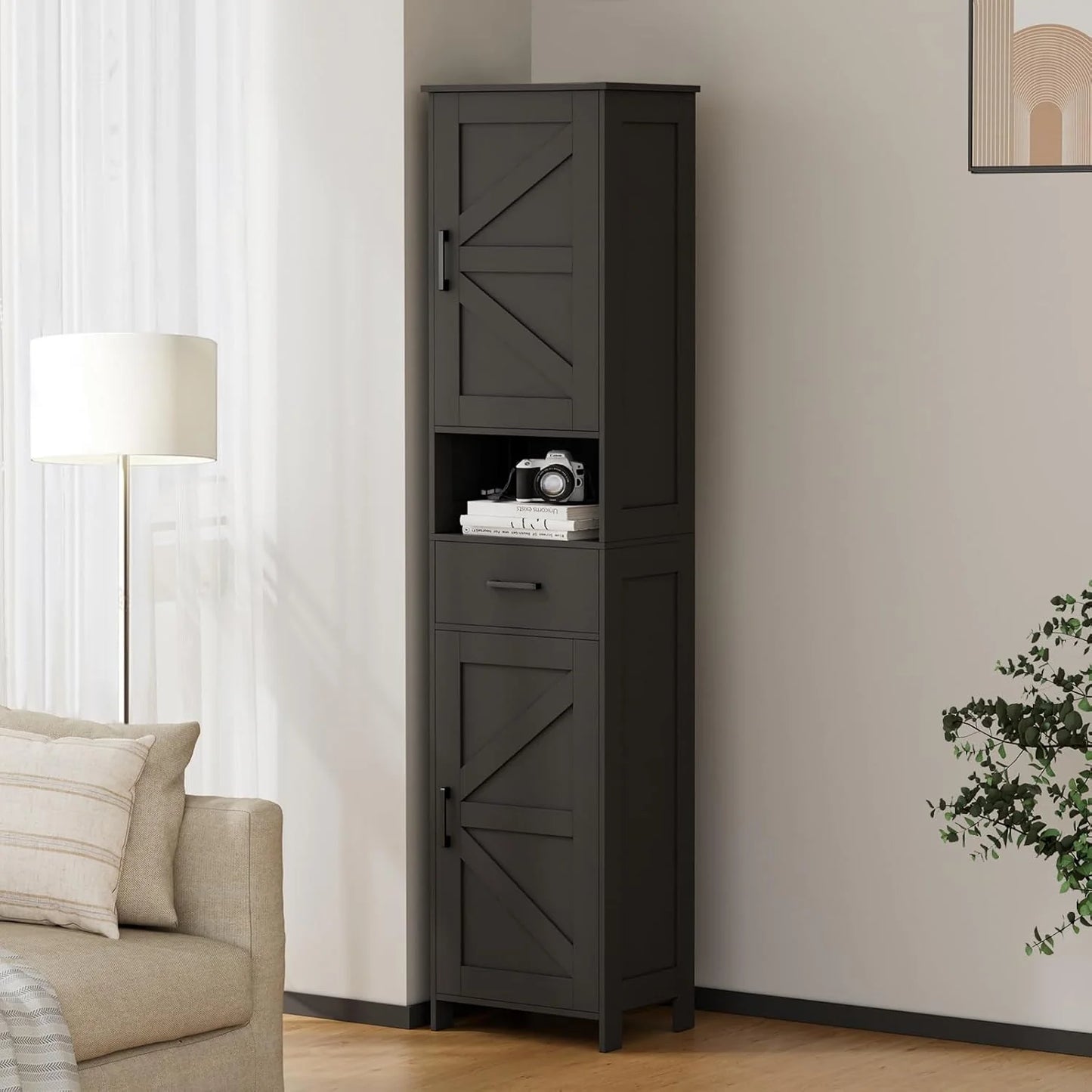 Homhedy 67" H Tall Bathroom Storage Cabinet with 2 Barn Doors and 1 Drawer, Narrow Storage Unit, Adjustable Shelves, Floor Cabinet for Bathroom, Living Room, Entryway, Kitchen, White, (15.7" W)