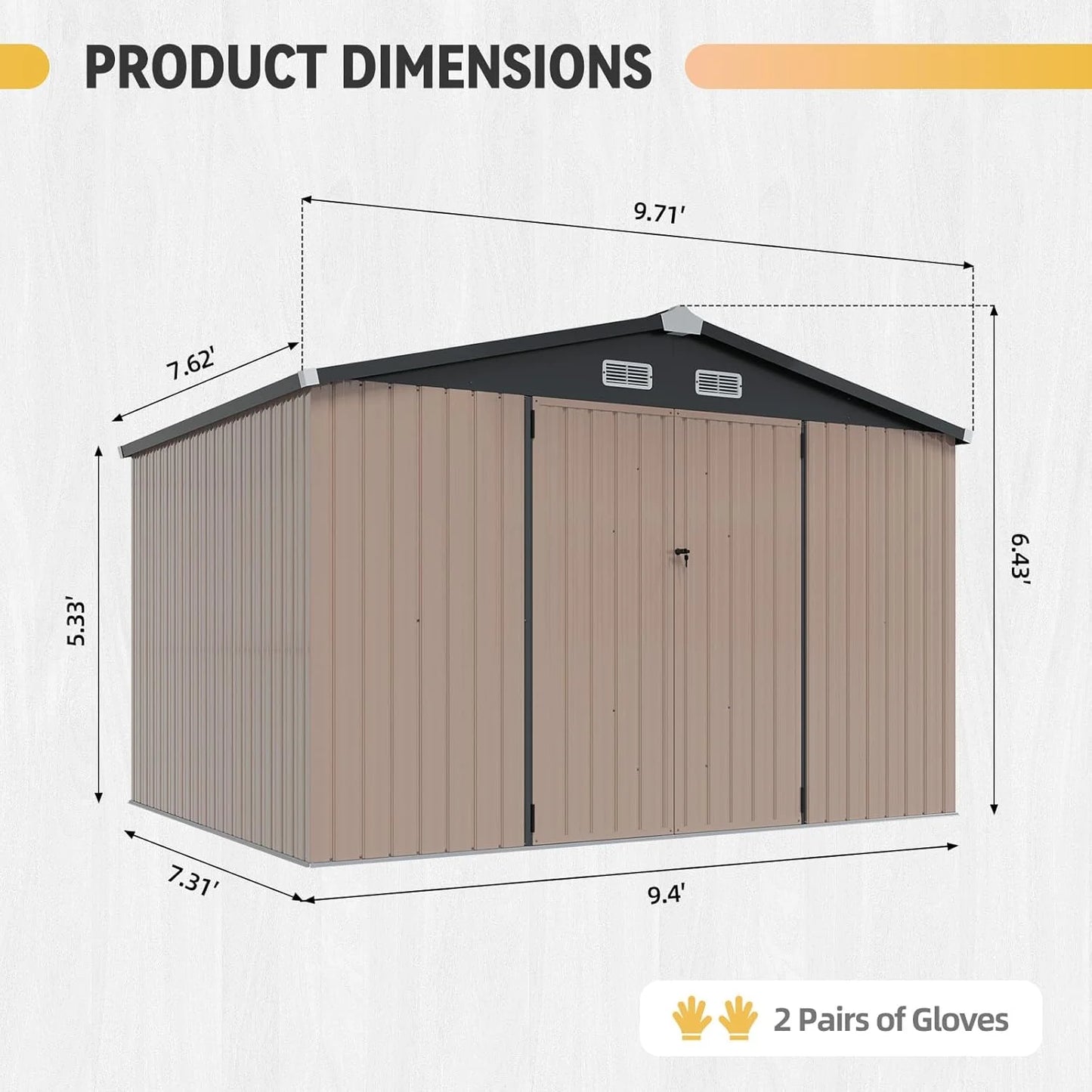Aoxun 7.4x5.3FT Shed with Floor Galvanized Steel Outdoor Storage Shed Metal Garden Shed with Double Doors, 15mm Moisture-Proof Floor & Ventilation, Sloped Roof for Bike/Generator/Tool Storage (Brown)