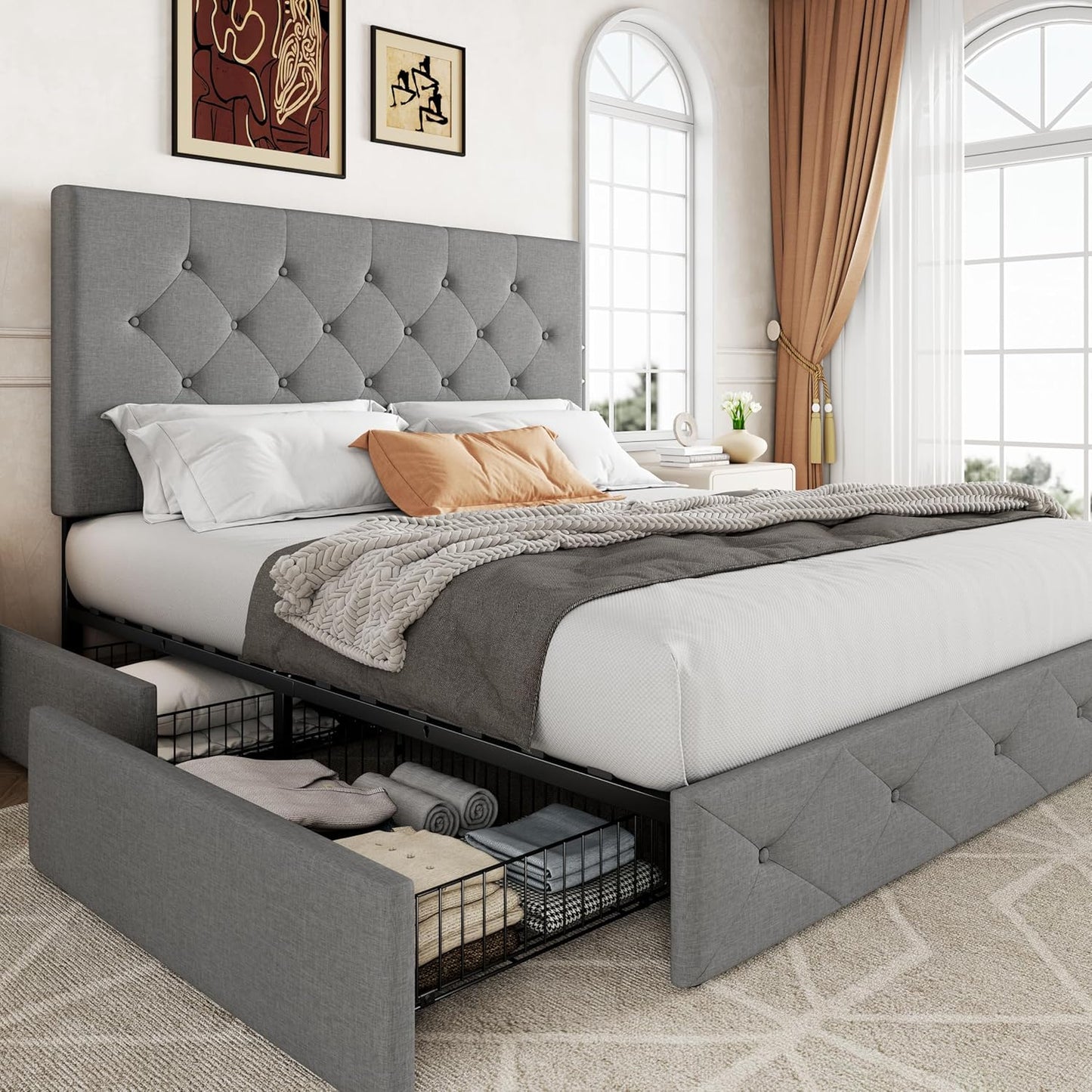 Allewie Upholstered Queen Size Platform Bed Frame with 4 Storage Drawers and Headboard, Square Stitched Button Tufted, Mattress Foundation with Wooden Slats Support, No Box Spring Needed