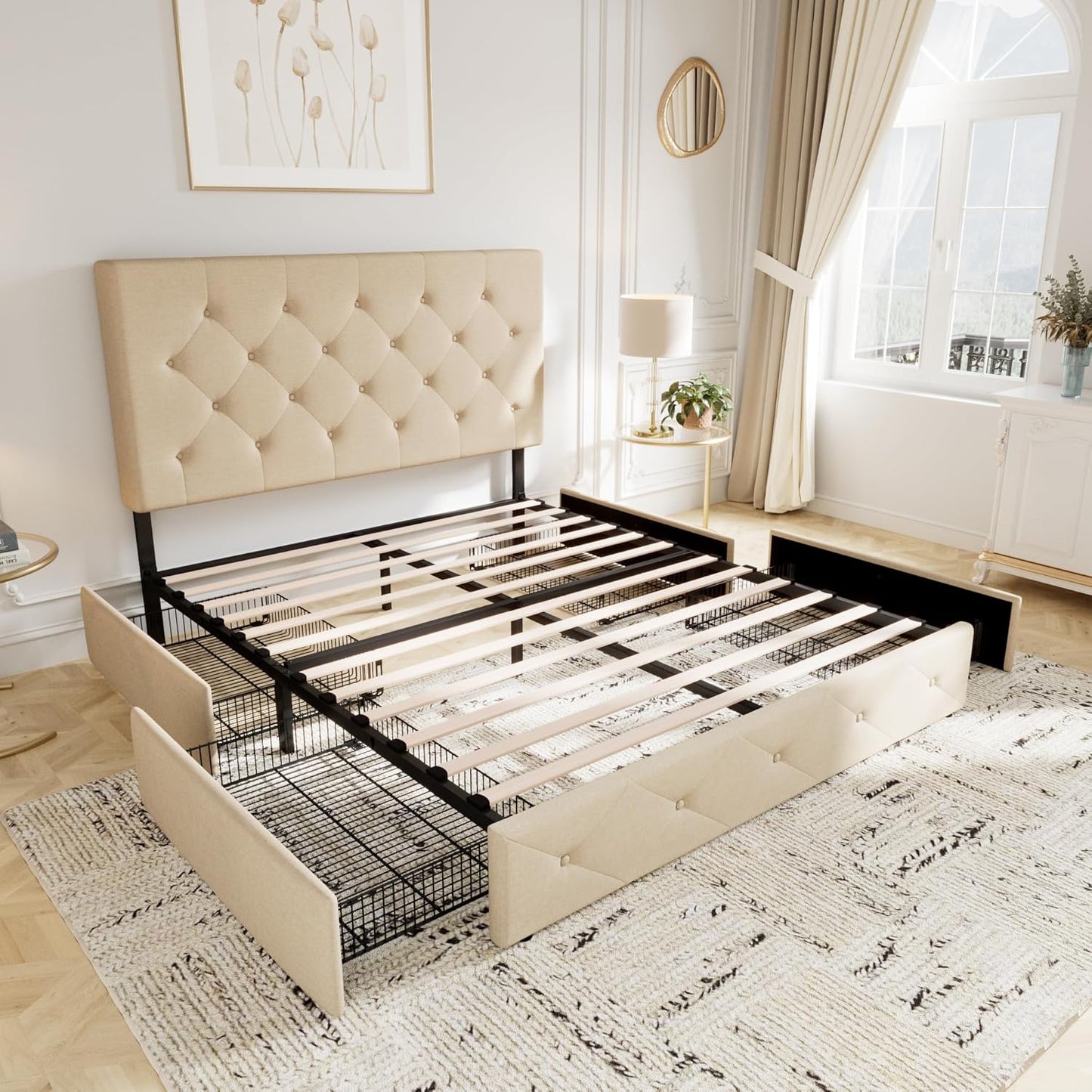 Allewie Upholstered Queen Size Platform Bed Frame with 4 Storage Drawers and Headboard, Square Stitched Button Tufted, Mattress Foundation with Wooden Slats Support, No Box Spring Needed