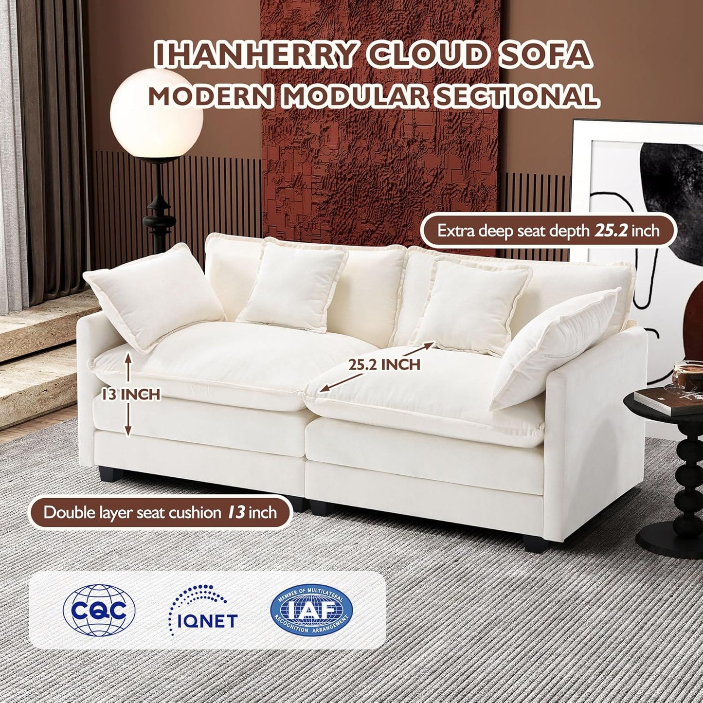 111.4 Inch L-Shaped Modern Sofa Modular Cloud Sofa with Ottoman, 4-Seater Chenille Deep Seat Sofa with Pillows for Living Room, Bedroom and Apartment, Beige