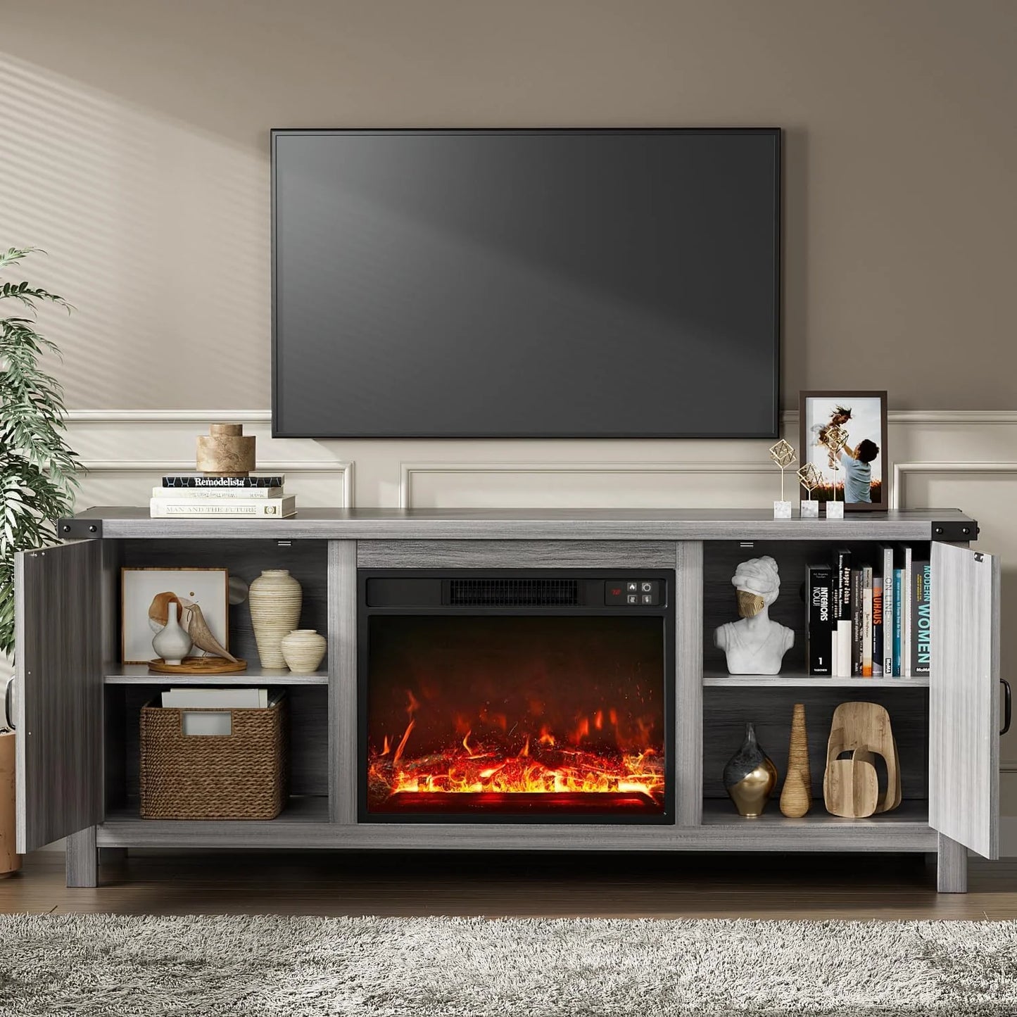 YESHOMY Fireplace TV Stand with Two Barn Doors and Storage Cabinets for Televisions up to 65+ Inch, Entertainment Center Console Table, Media Furniture for Living Room, 58 Inch