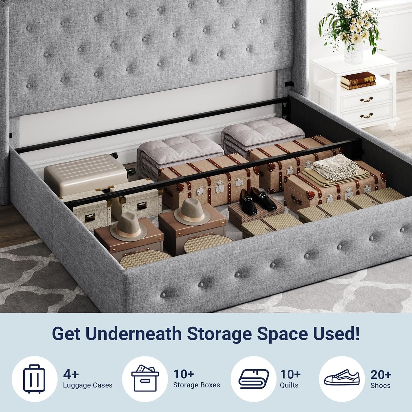 Allewie Queen Size Lift Up Storage Bed, Modern Wingback Headboard, Hydraulic Support, No Box Spring Needed, Light Beige