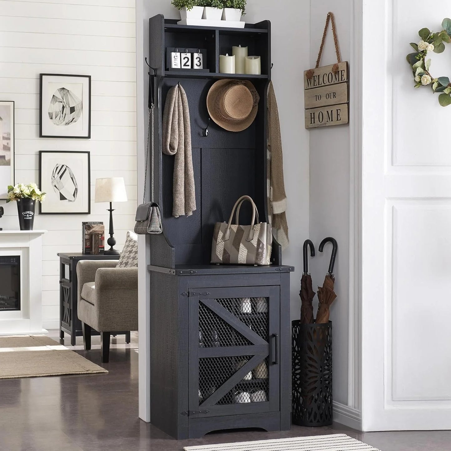 JXQTLINGMU 59-inch Farmhouse Foyer Tree with Shoe Storage, Entryway Bench Foyer Coat Rack Cabinet