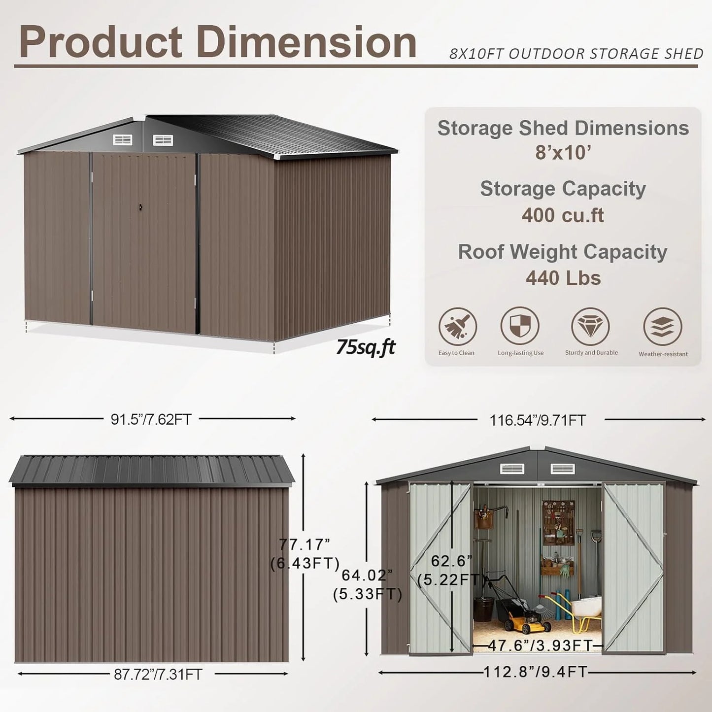 Aoxun 6.2x4 FT Shed Outdoor Storage Shed Metal Garden Shed with Lockable Doors & Slooping Roof Tool Shed Bike Shed for Backyard, Patio, Poolside (Brown)