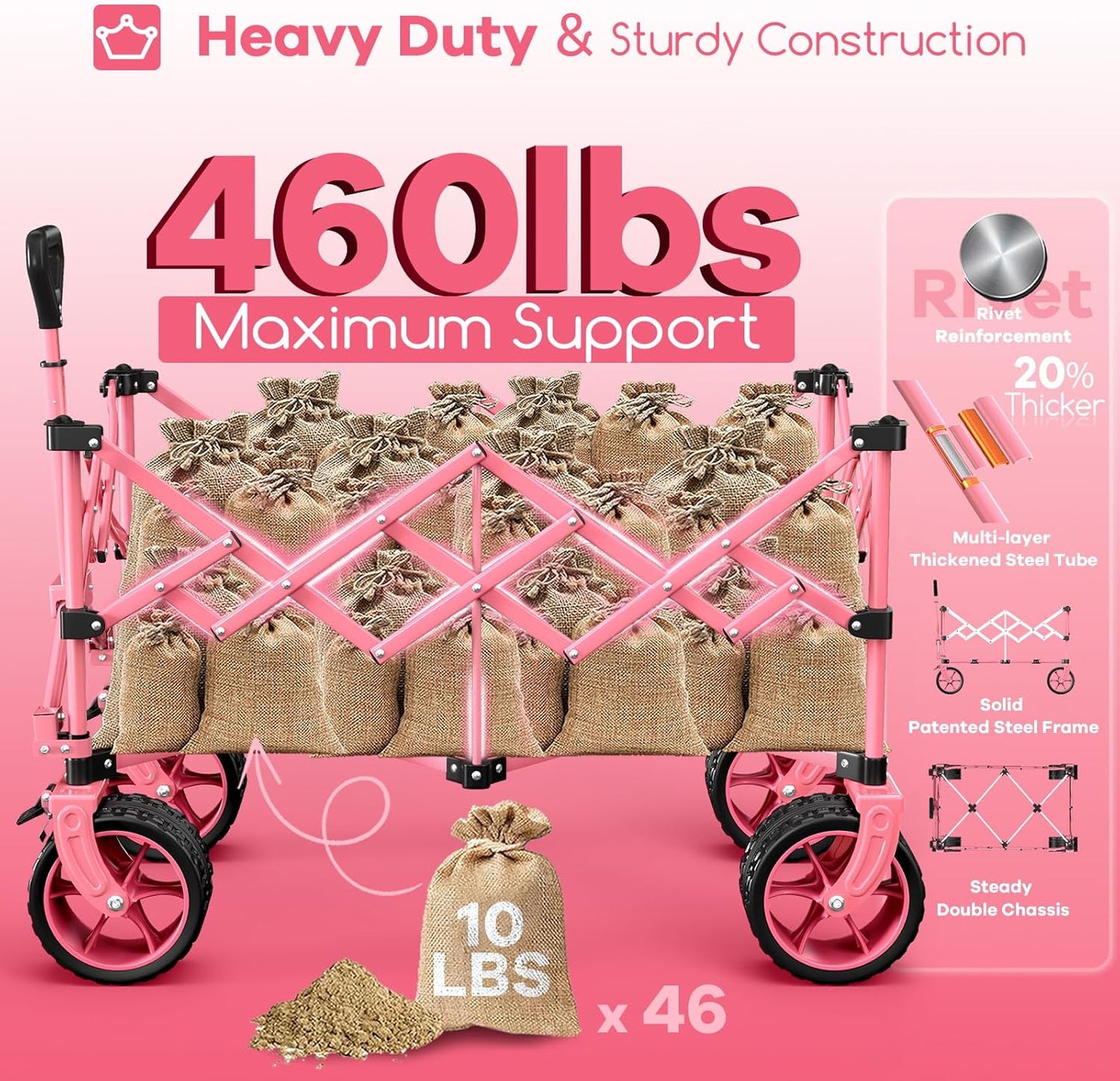 38" long foldable four-wheel stroller, foldable, 460 lb capacity, 220 liter heavy-duty folding beach stroller with large all-terrain tires