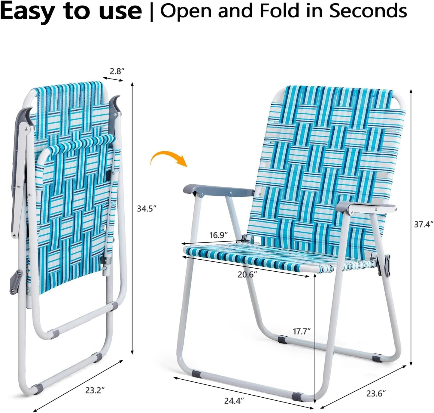 VINGLI Patio Lawn Webbed Folding Chairs Set of 2, Outdoor Beach Portable Lawn Chair Camping Chair Beach Chair