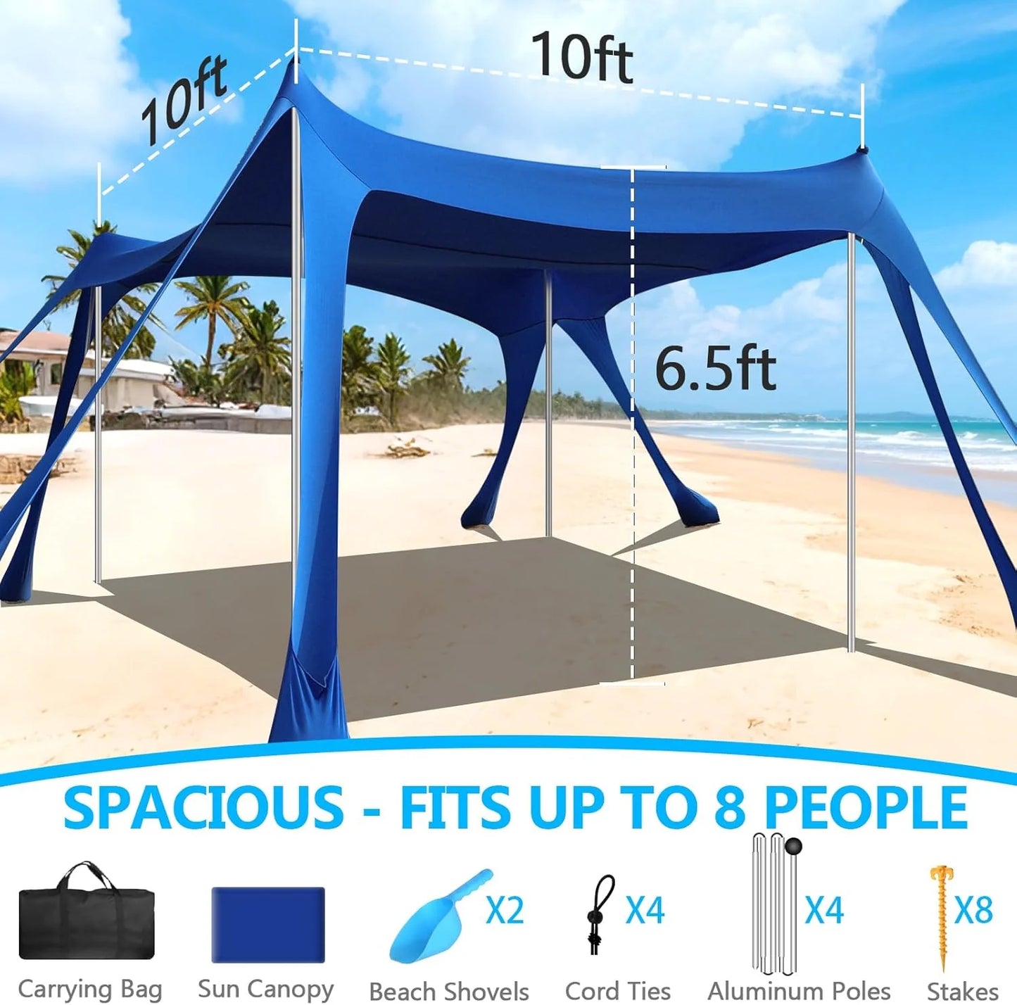 Beach Tent Sun Shelter, 10 x 10 FT Beach Canopy Tent Sun Shade Heavy Duty, UPF50+ Beach Tent Canopy with 8 Sandbags & 4 Stability Poles, Outdoor Beach Shade Canopy for Camping and Fishing, Blue