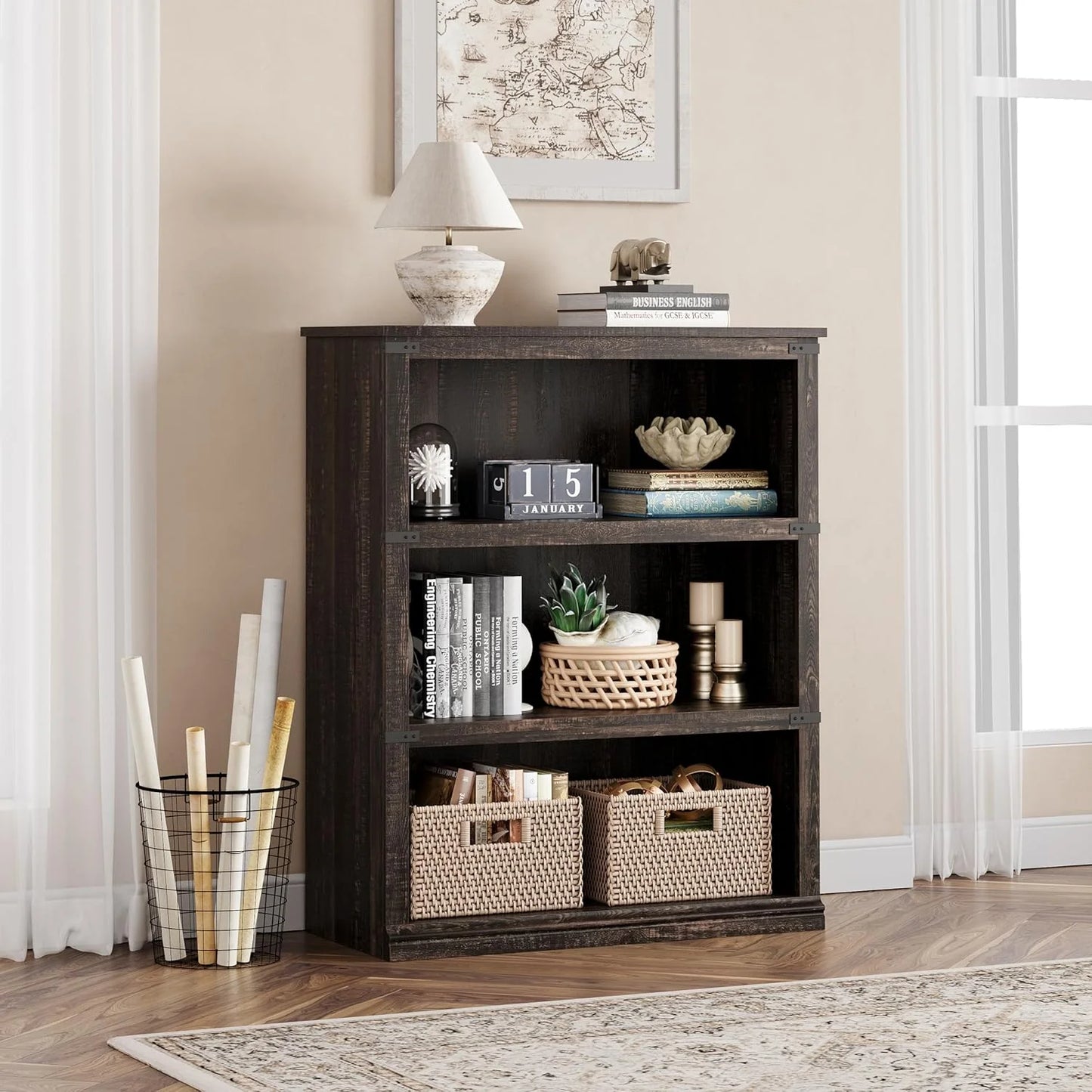 5 Tier Bookcase Farmhouse Book Shelf with Storage Open Display Bookshelves