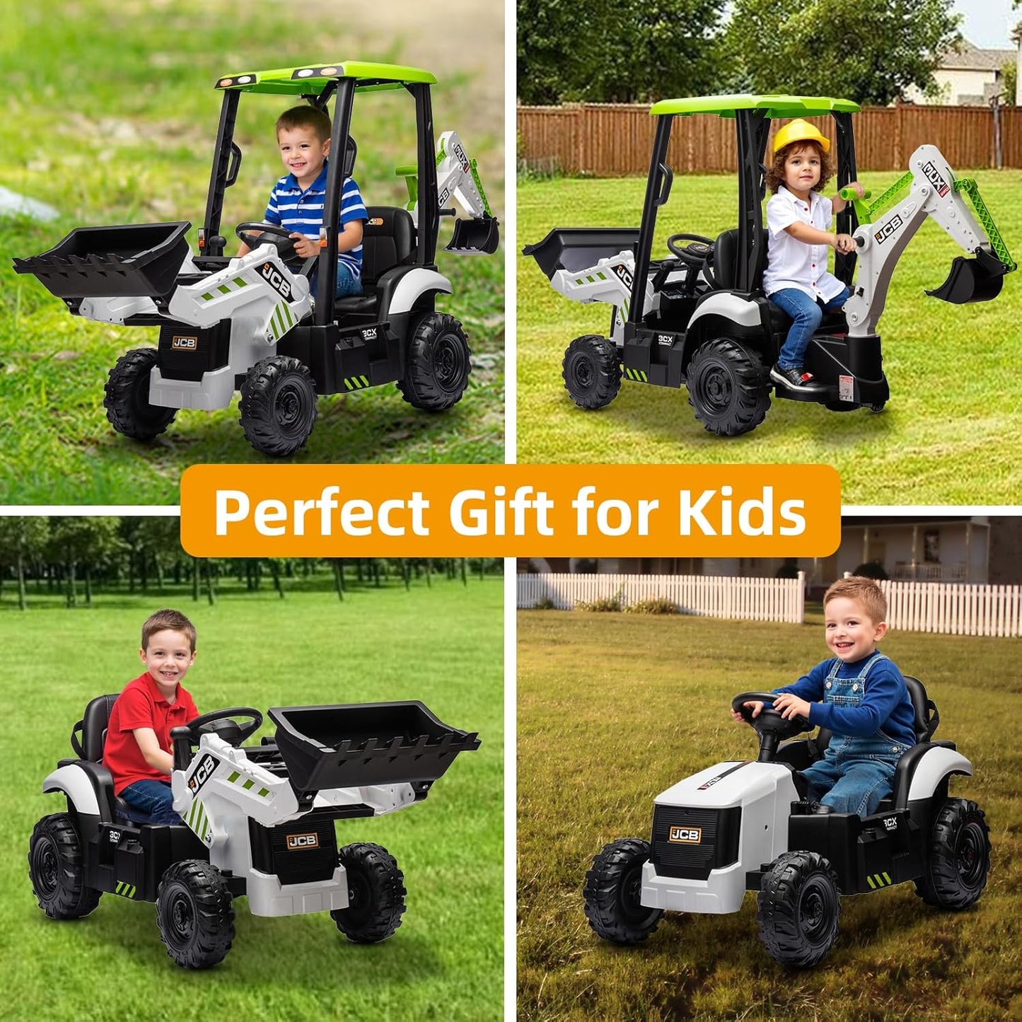 12V JCB Ride On Excavator, Ride on Toys for Kids 4-8, Electric Car for Kids with Tractor, Bulldozer, Digging Arm, Backhoe Toy Car with Slow Start/Stop, Adjustable Speeds