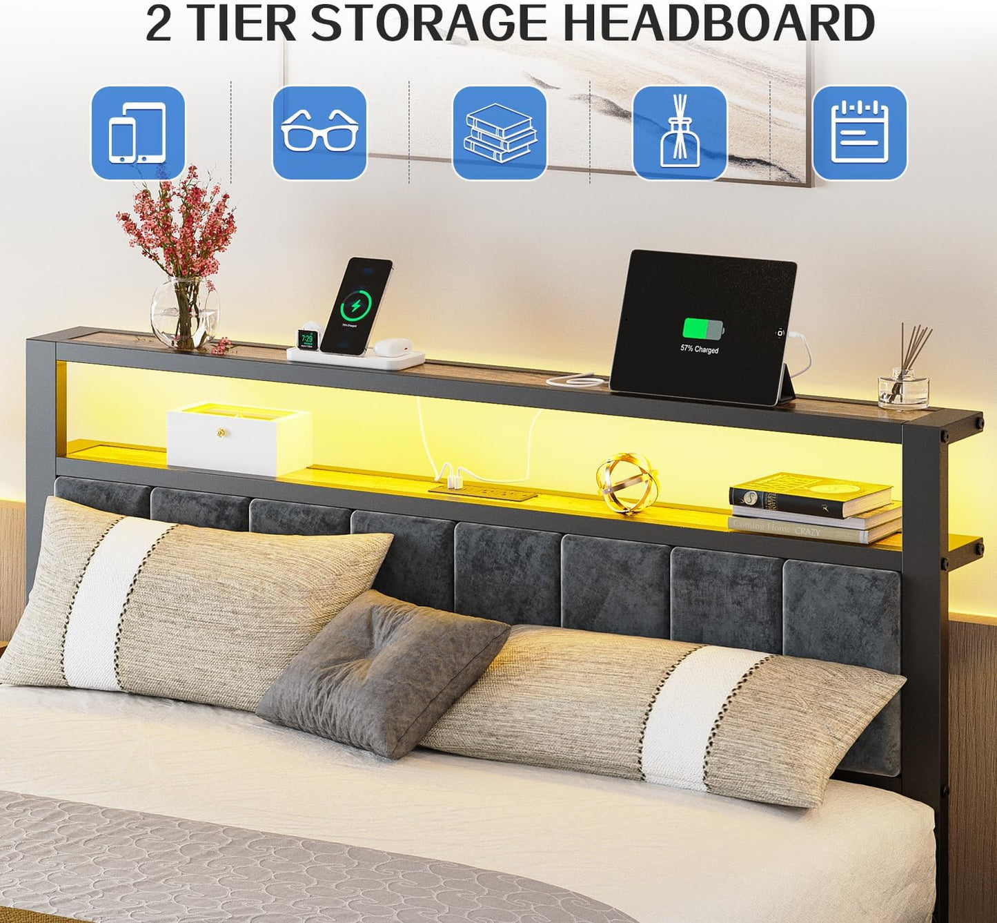 Queen Size Bed Frame with 2-Tier Storage Shelves Headboard, Platform Bed with Charging Station, LED Lights No Box Spring Needed Noise Free