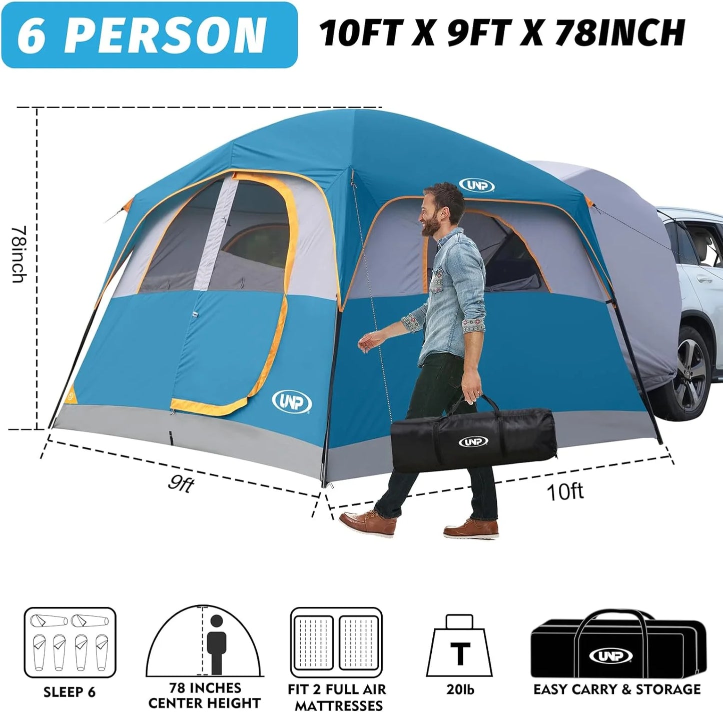 SUV Tent for Camping, 6-Person SUV Tailgate Tent - Easy Set Up with Rainfly, 10'x9'x78in(H)