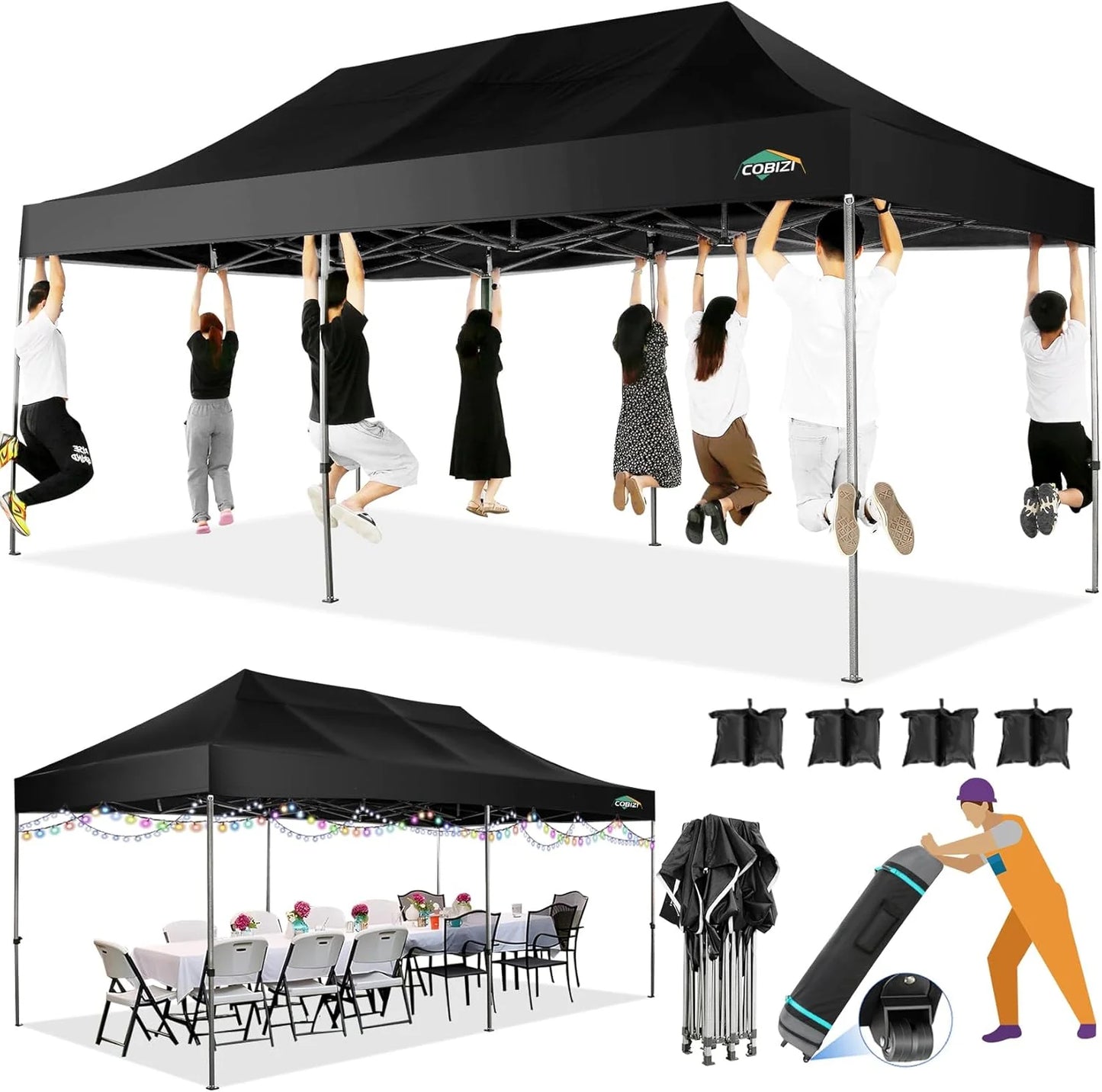 COBIZI 10x20 Heavy Duty Pop up Canopy Tent with 6 sidewalls Easy Up Commercial Outdoor Canopy Wedding Party Tents for Parties All Season Wind & Waterproof Gazebo with Roller Bag,Black(Frame Thickened)