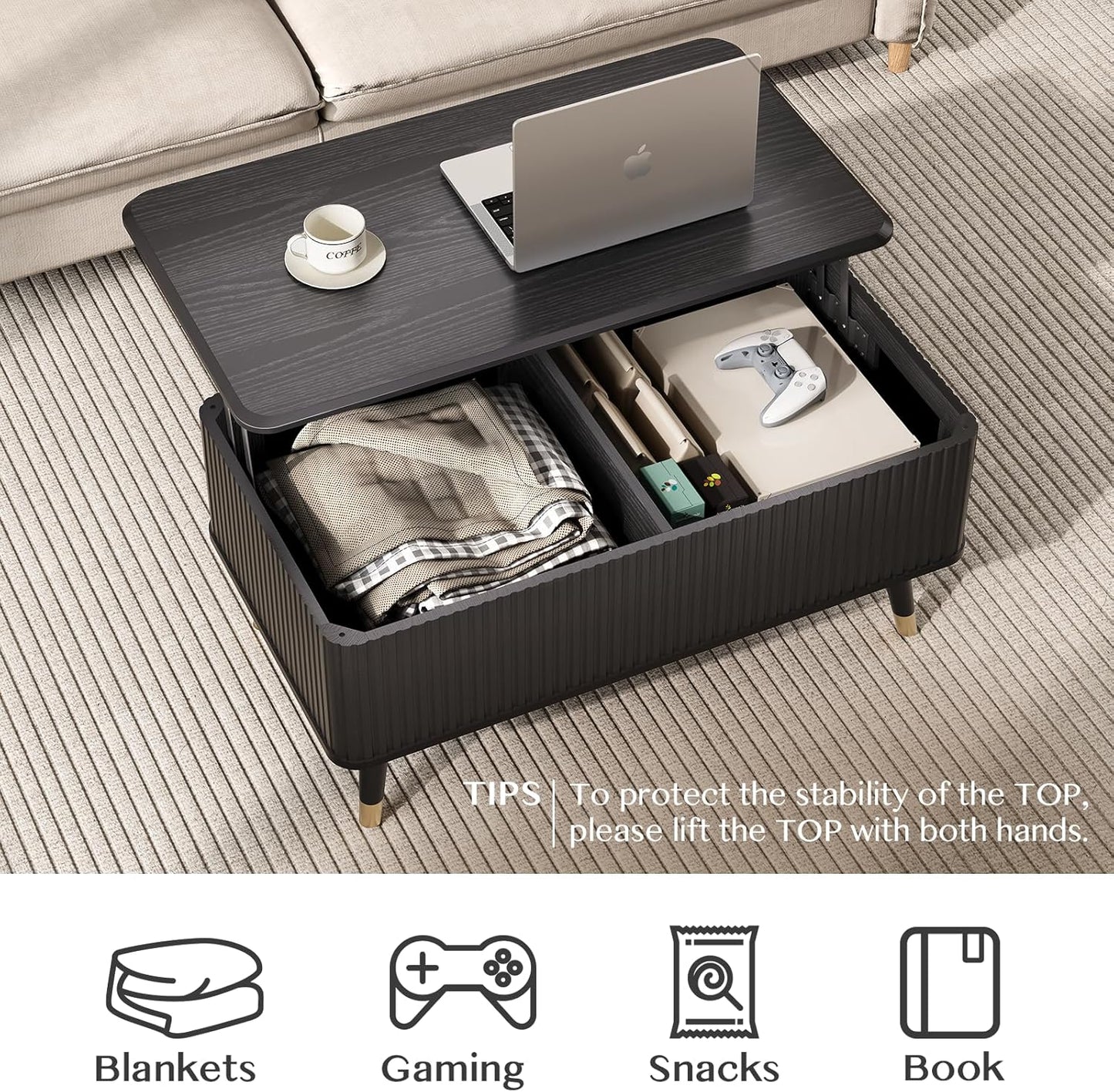 Round Coffee Table with Storage,Fluted Center Table with Sliding Cabinet Door for Living Room,Home Small Space,31.5" Small Center Table,Walnut