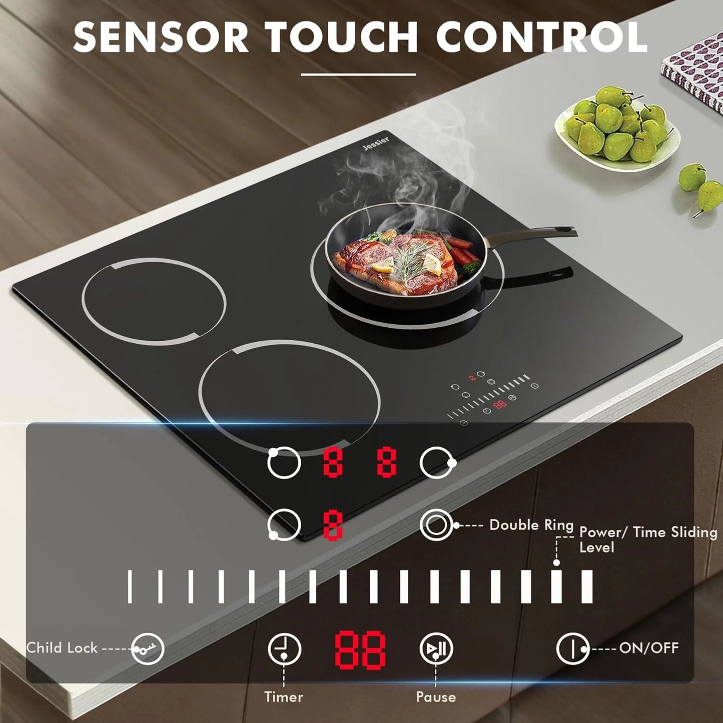 Electric Cooktop 30 Inch - 5 Burners Built-in Ceramic Cooktop, 30" Electric Stove Top with Glass Protection Metal Frame, 9 Heating Level, 8400W, 220-240V for Hard Wire(No Plug)