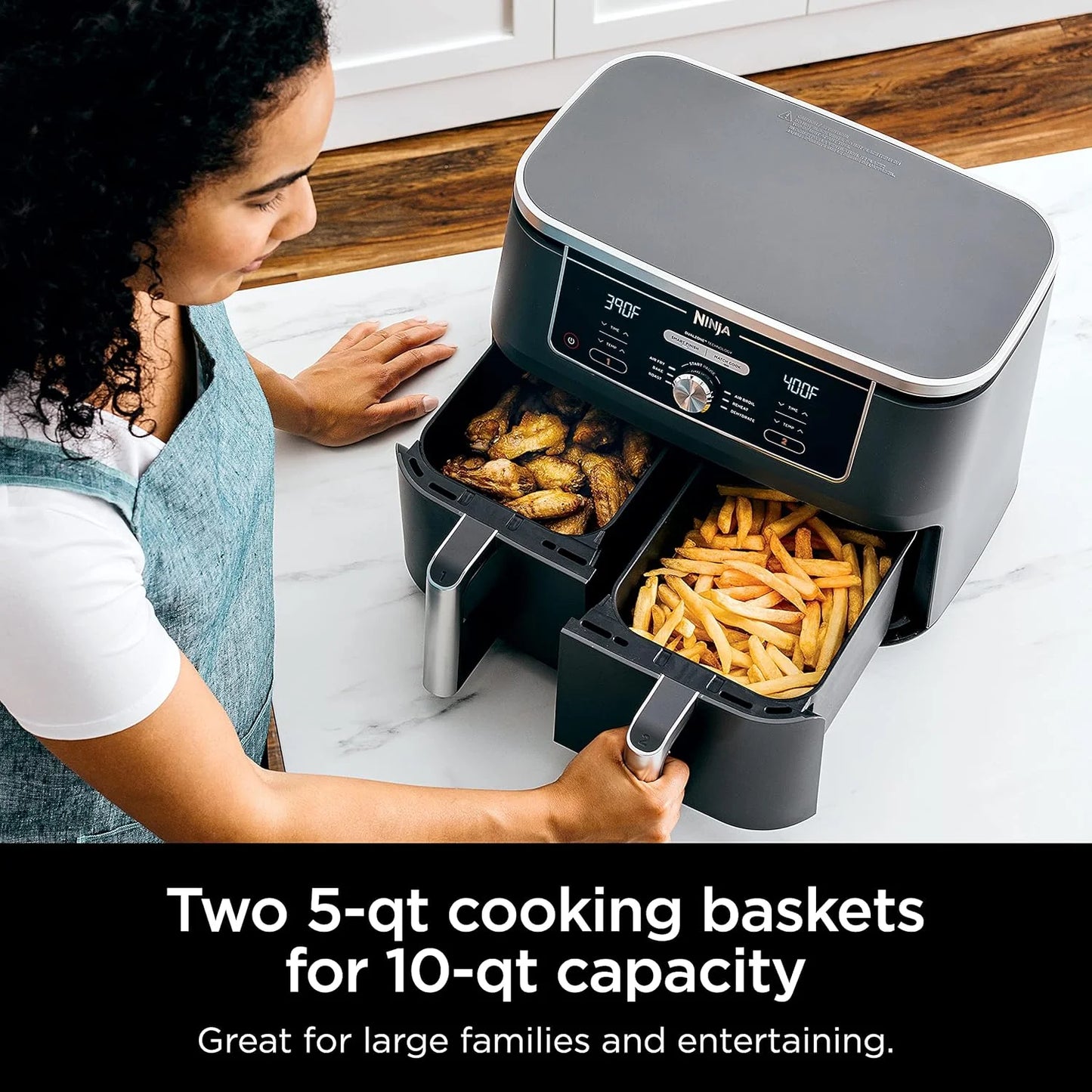 Ninja Foodi 6-in-1 FlexBasket Air Fryer with 7-QT MegaZone & Basket Divider for Large Proteins & Full Meals, Smart Finish Cook 2 Foods 2 Ways, Family Sized Capacity, Air Fry, Roast & More