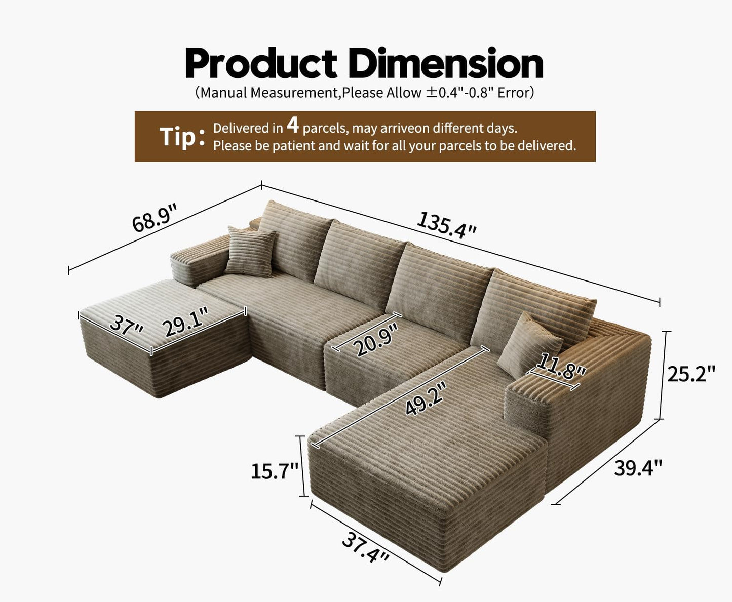 107.5 inch Cloud Modular Sectional Sofa with L-Shaped Chaise Lounge, Modern Minimalist Upholstered Sofa Deep Seating Corner Sofa