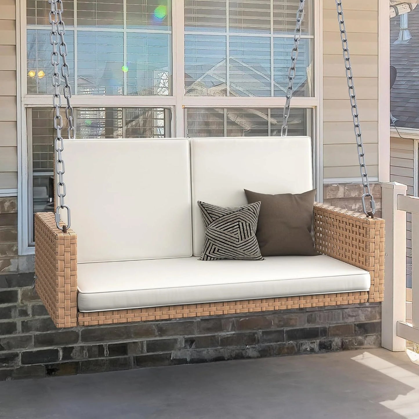 YITAHOME Hanging Porch Swing Chair Sits 3 People, Wicker Outdoor Swing Bench, Patio Lounge Chair, 1 Seating Cushion and 3 Back Cushions, w/Removable Covers, for Garden, Balcony, Backyard, Brown