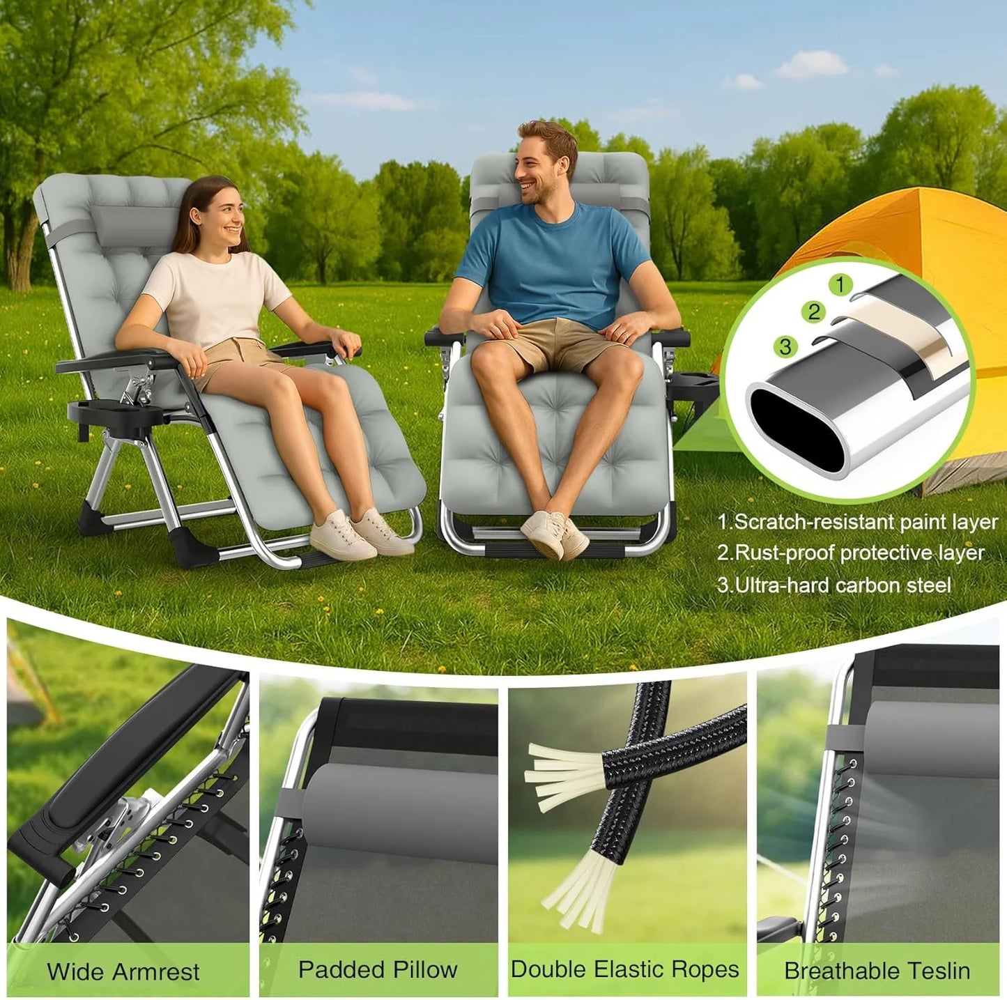 Indoor and outdoor patio chair folding lounge chair zero gravity chair with removable cushion camping lounge chair