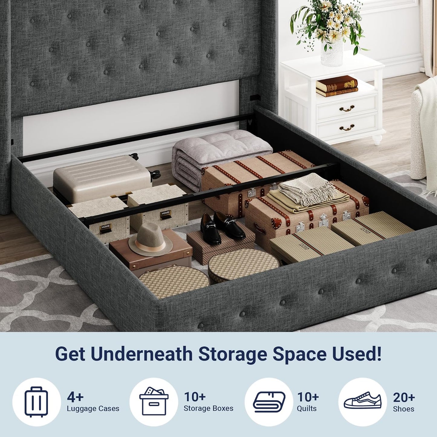 Allewie Queen Size Lift Up Storage Bed, Modern Wingback Headboard, Hydraulic Support, No Box Spring Needed, Light Beige