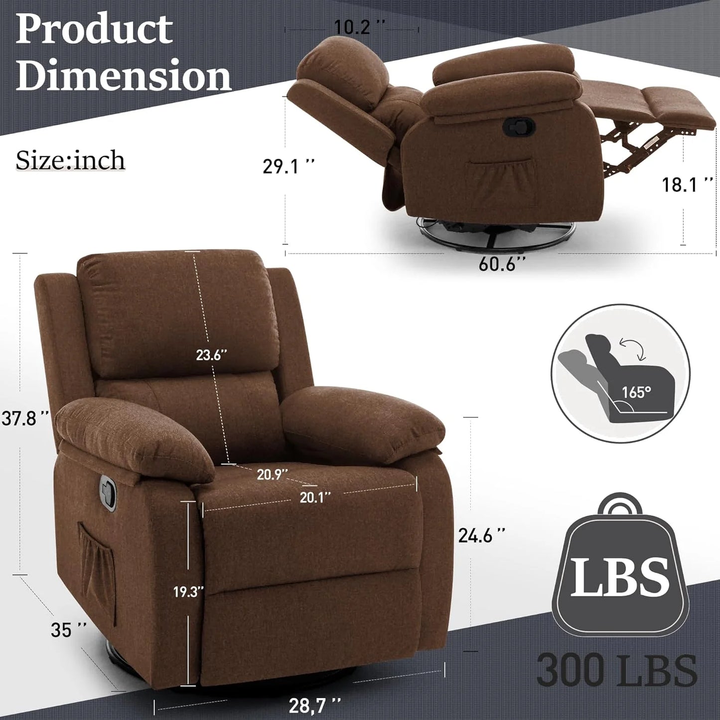Reclining rocking chair 360 degree rotating fabric sliding reclining chair